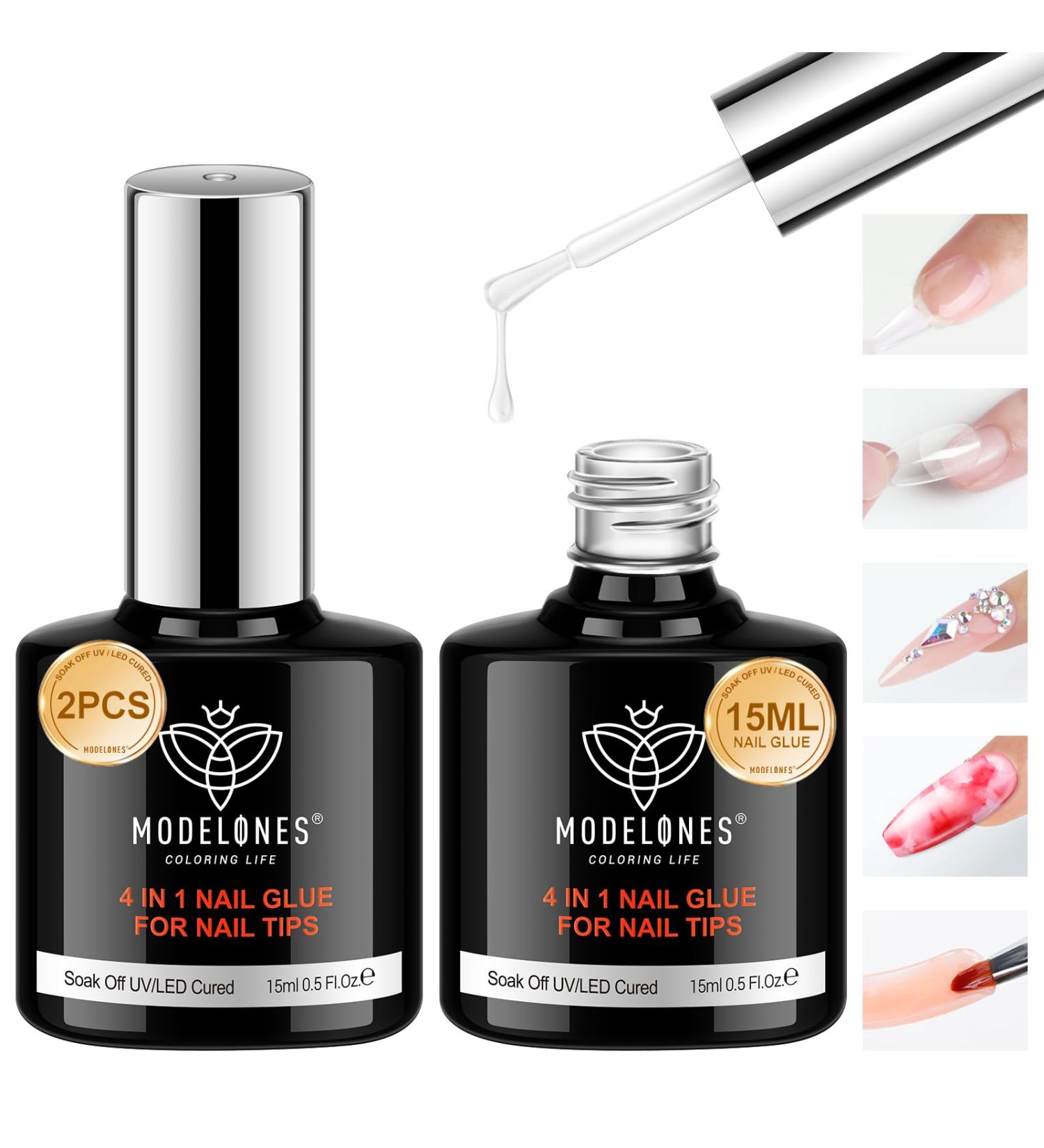 Modelones 4 in 1 Gel Polish Nail Set: Glue, Base Coat, Acrylic Nails, Rhinestone Gel Art - Buy Online on GoSupps.com