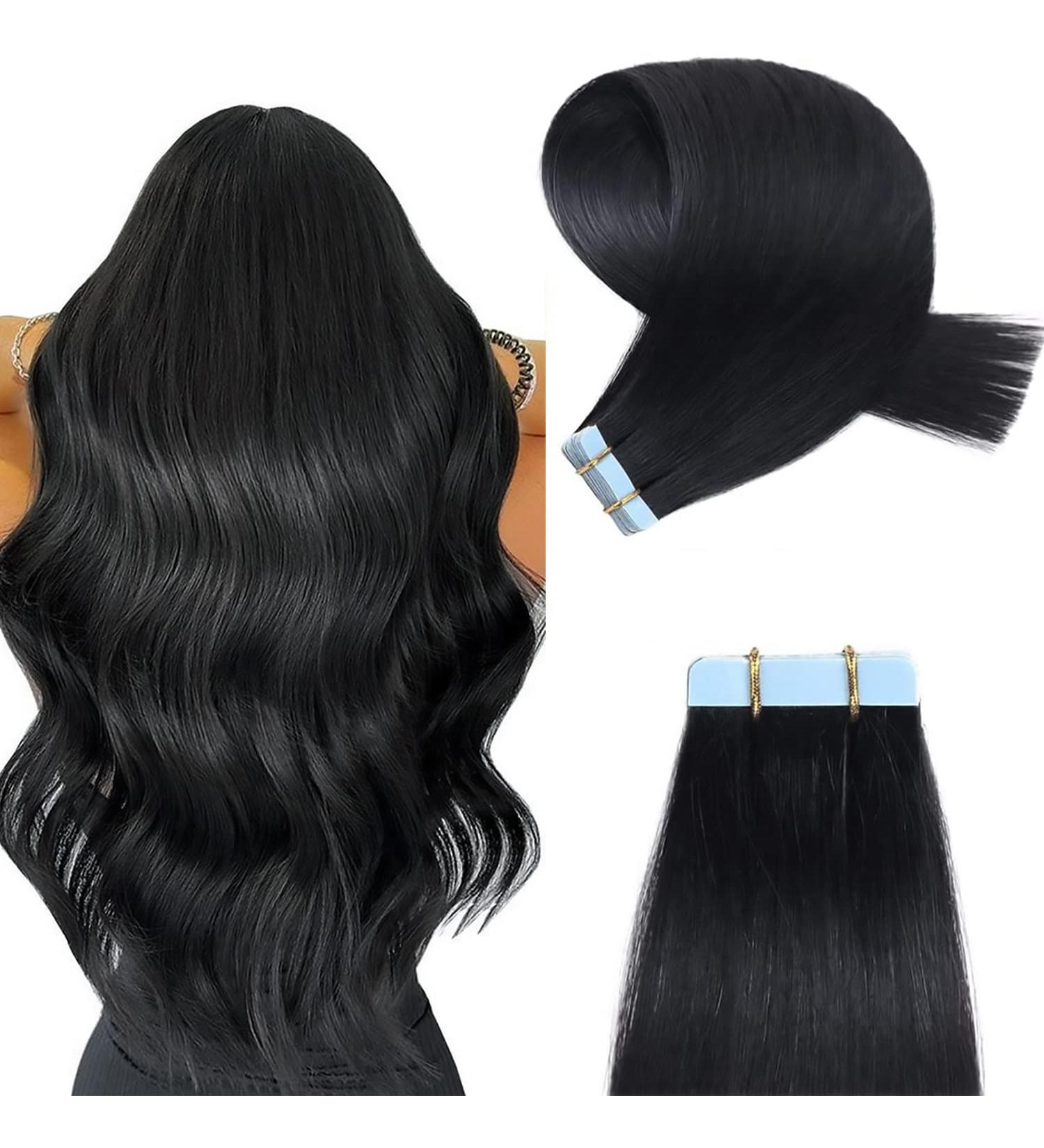 Yilite Jet Black Tape Extensions - 45cm Real Hair 20 Pieces 50g Silky Straight Skin Weft - Invisible and Natural Look - Buy Online on GoSupps.com