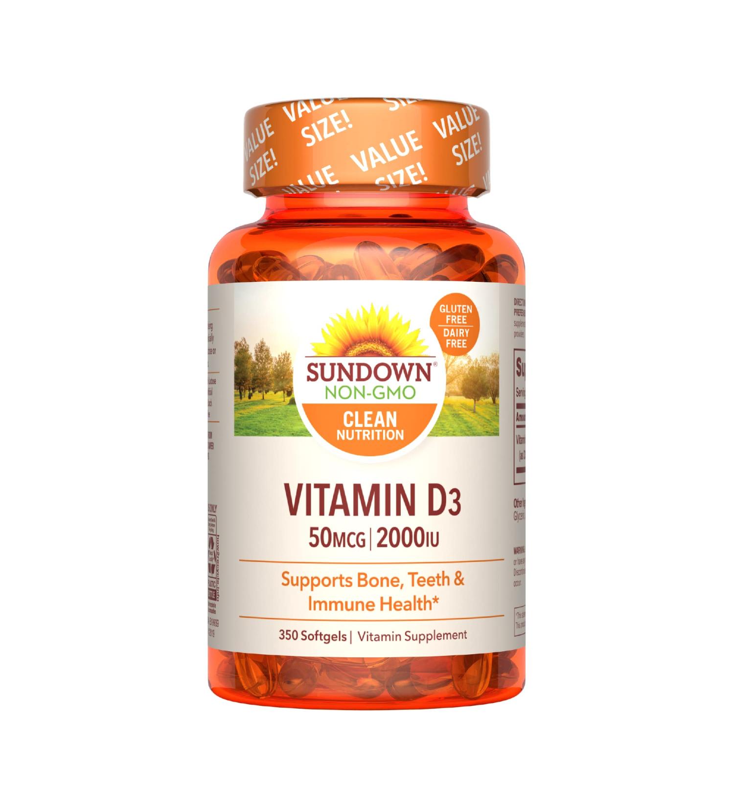 Sundown Vitamin D3 2000 IU Softgels - 350 Count, Bone, Teeth, and Immune Health Support - Buy Online on GoSupps.com