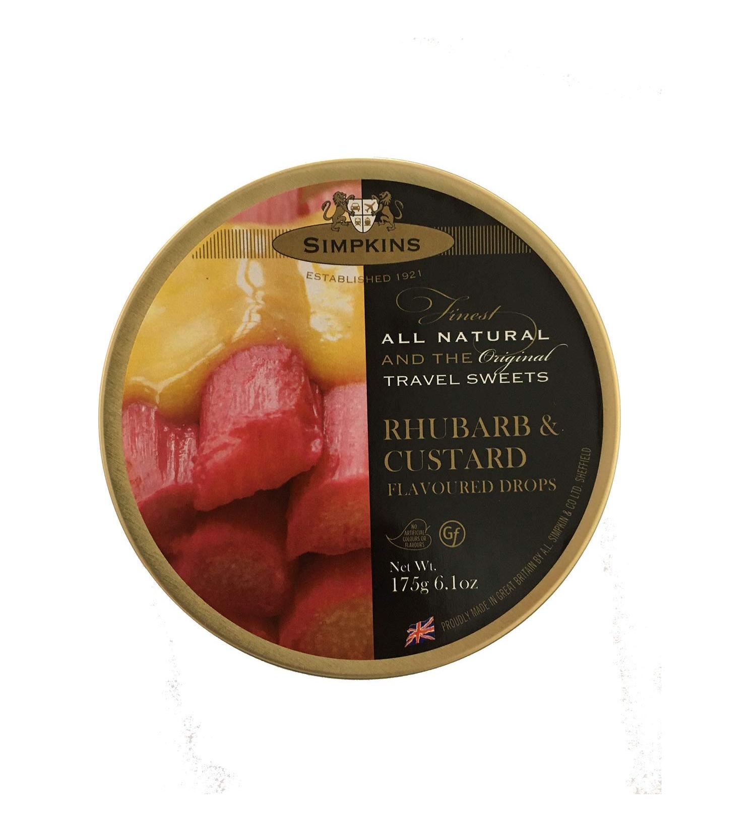 Simpkins Rhubarb and Custard Drops Travel Tin 200g - The Original Travel Tin Manufacturer - All Natural Colours and Flavours - Vegetarian and Vegan Friendly - Gluten and Dairy Free