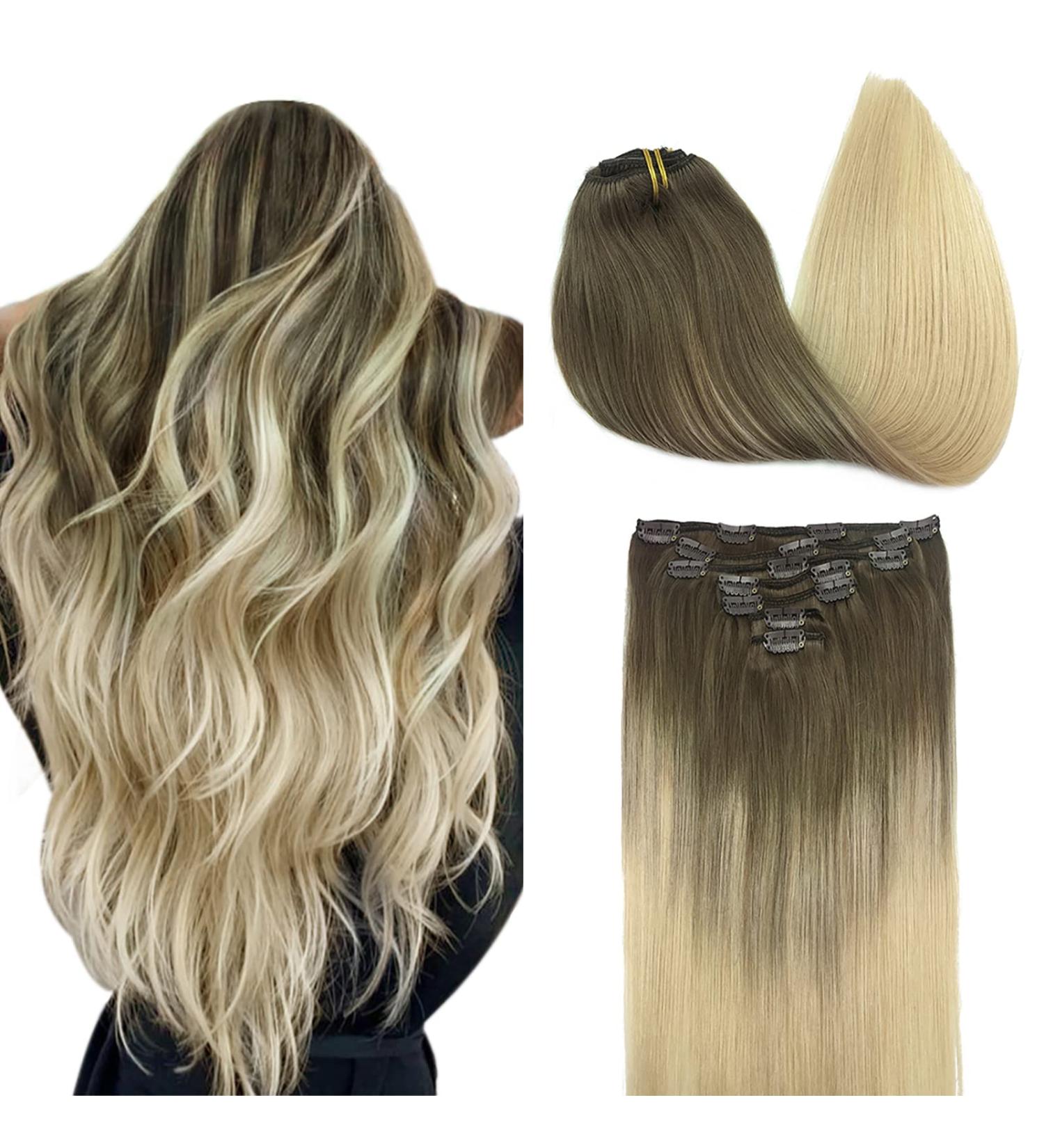 Doores Clip-In Extensions - Real Hair Ash Brown to Platinum Blonde 35cm (14 inch) 120g 7 Pieces Thick & Natural Remy Hair Extensions - Buy Online on GoSupps.com