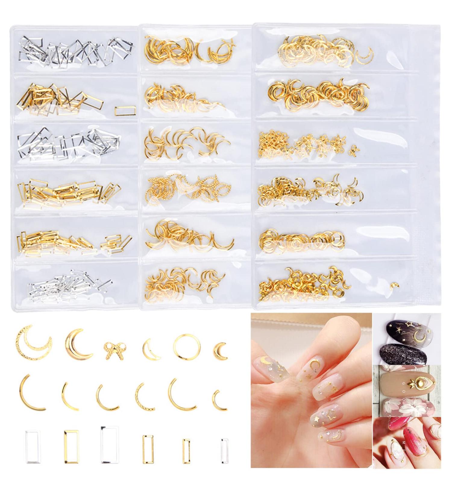 Shop 3 Bags of 18 Styles Gold & Silver Nail Art Studs - Moon Bow-Knot Square Charms & Flat-Back Crystals for 3D Manicure Decoration - Buy Online on GoSupps.com