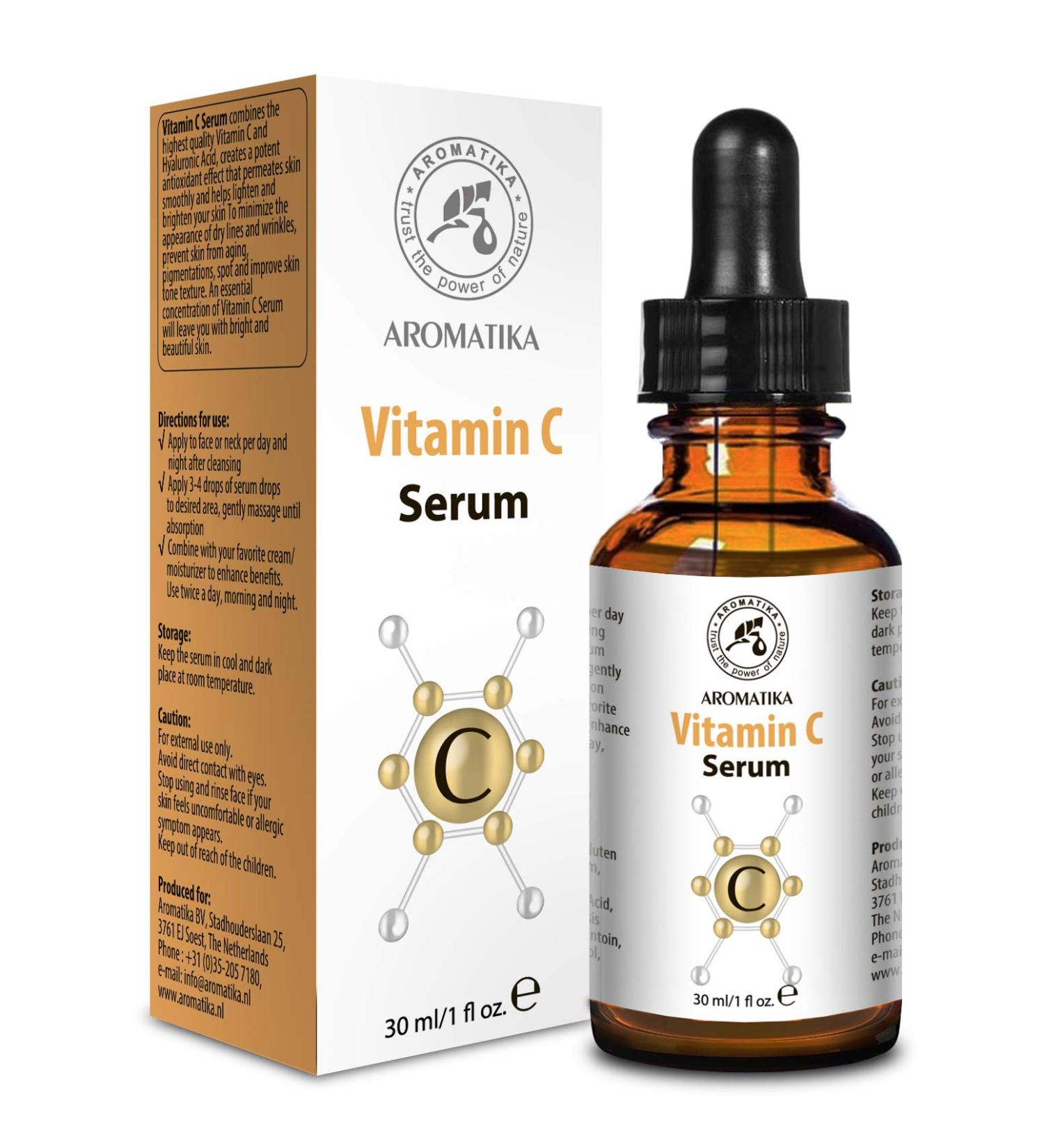 AROMATIKA Vitamin C Serum for Face - 1.0 oz | Pure Vitamin C E & Hyaluronic Acid for All Skin Types - Brightening & Hydrating Facial Serum in Glass Bottle - Buy Online on GoSupps.com