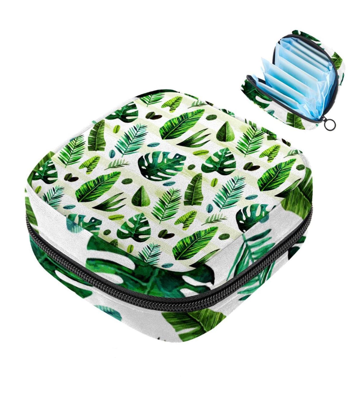 Menstrual Pad Bag with Zipper - Stylish Women's Napkin & Tampon Organizer - Tropical Green Leaf Design - Buy Online on GoSupps.com