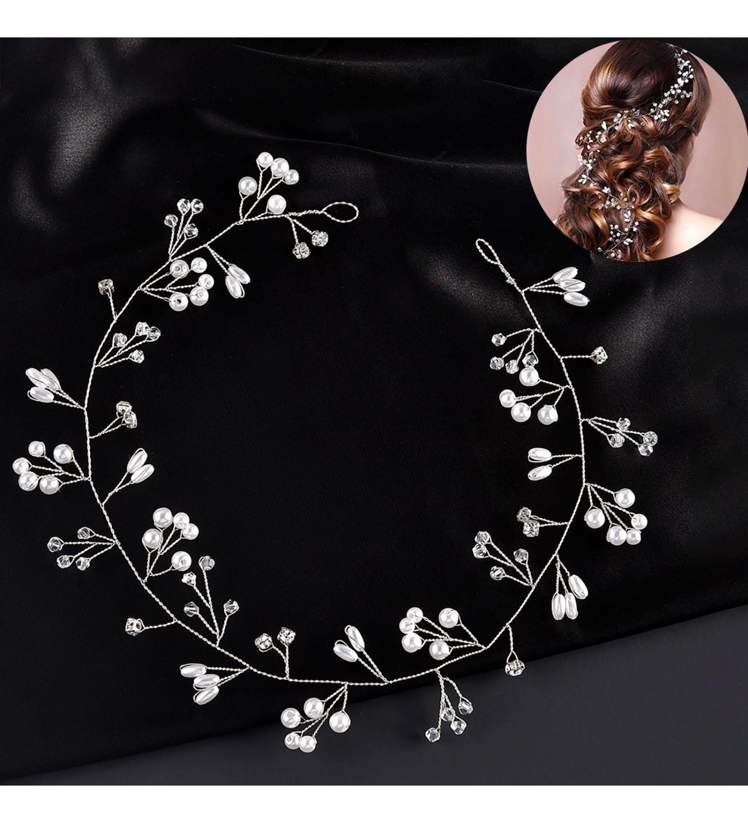 Wedding Hair Accessories for Women Pearl Rhinestone Headband Vine for Bridesmaid Flowergirls Prom Party Long Handmade Wedding Hair Vine Bride Headband (20 inches 50cm Silver) - Buy Online on GoSupps.com