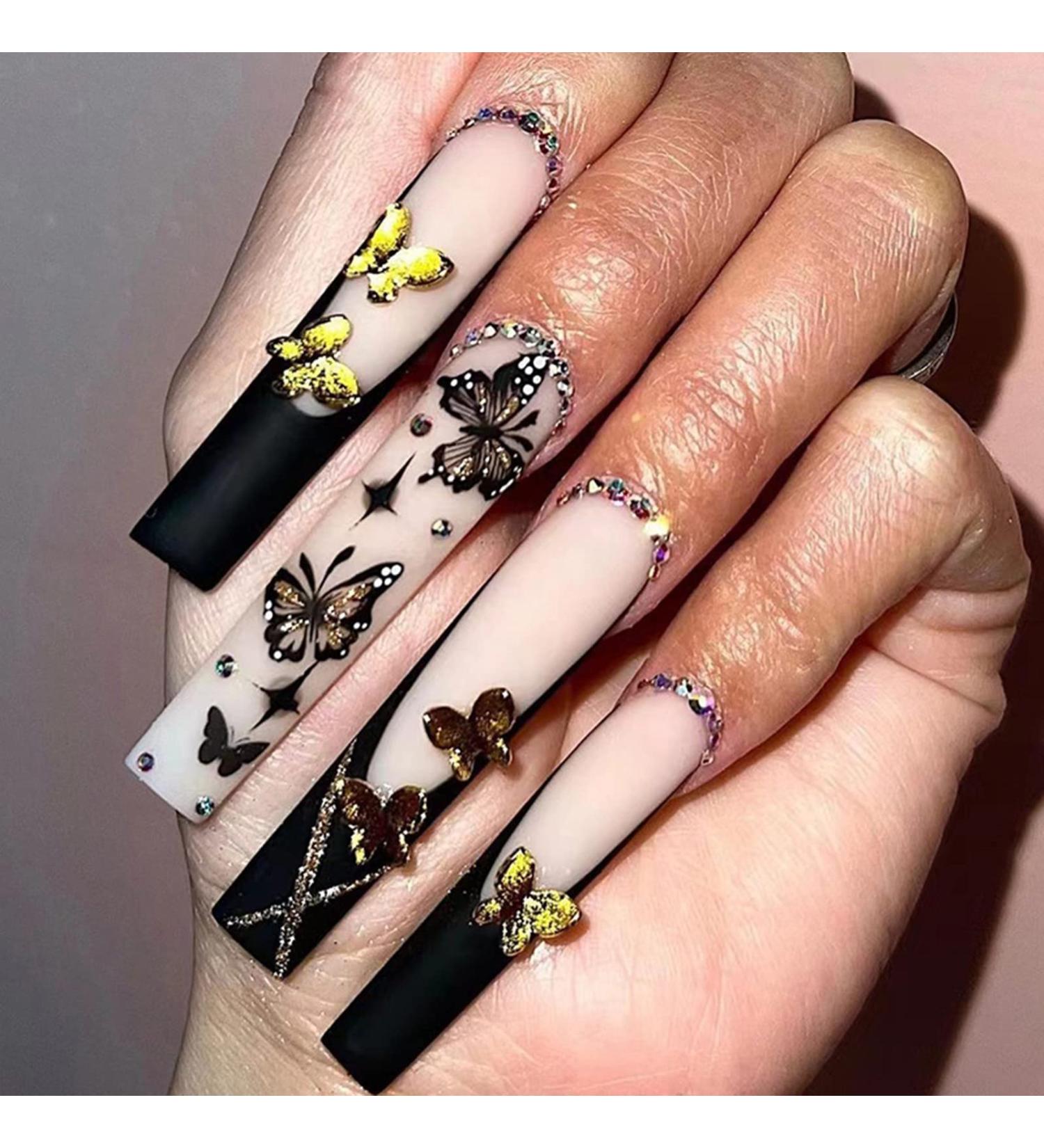 JUSTOTRY 24 Pcs Diamante Butterfly Design Black French Press on Nails - Nude Medium Ballerina Stick on Acrylic Coffin False Nails with Glue for Women - Buy Online on GoSupps.com