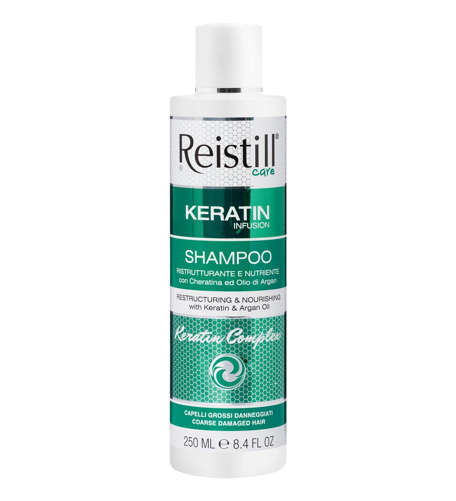 Reistil Keratin Infusion Shampooing restructurant - Shampooing traitant pour des cheveux plus souples et plus brillants- Shampooing avec des acides gras de la vitamine E et de l'huile d'argan- 250ml - Buy Online on GoSupps.com