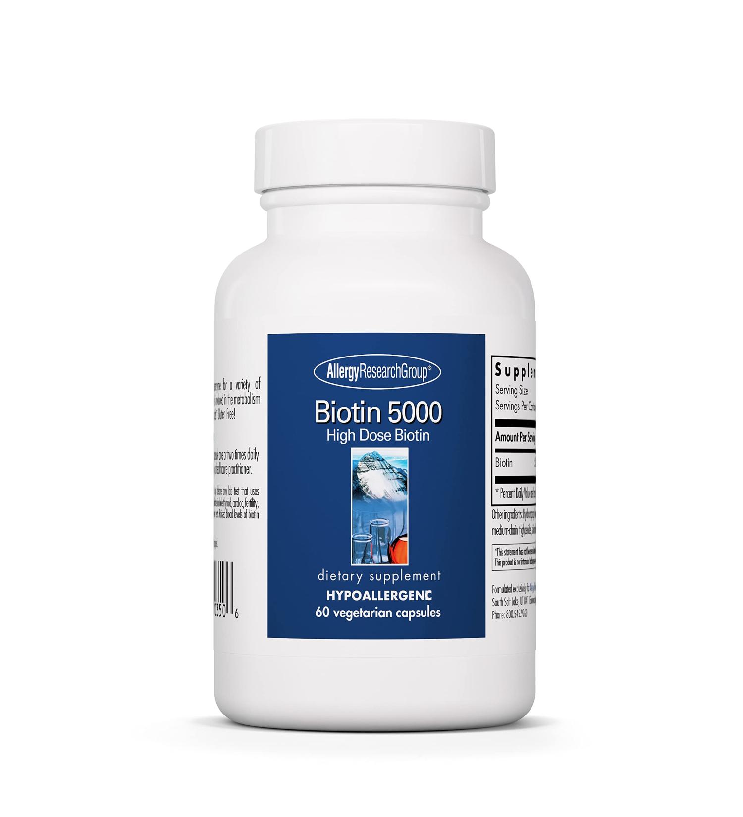 Allergy Research Group Biotin 5000 - 60 Vegetarian Capsules for Hair, Nails & Metabolism - Buy Online on GoSupps.com