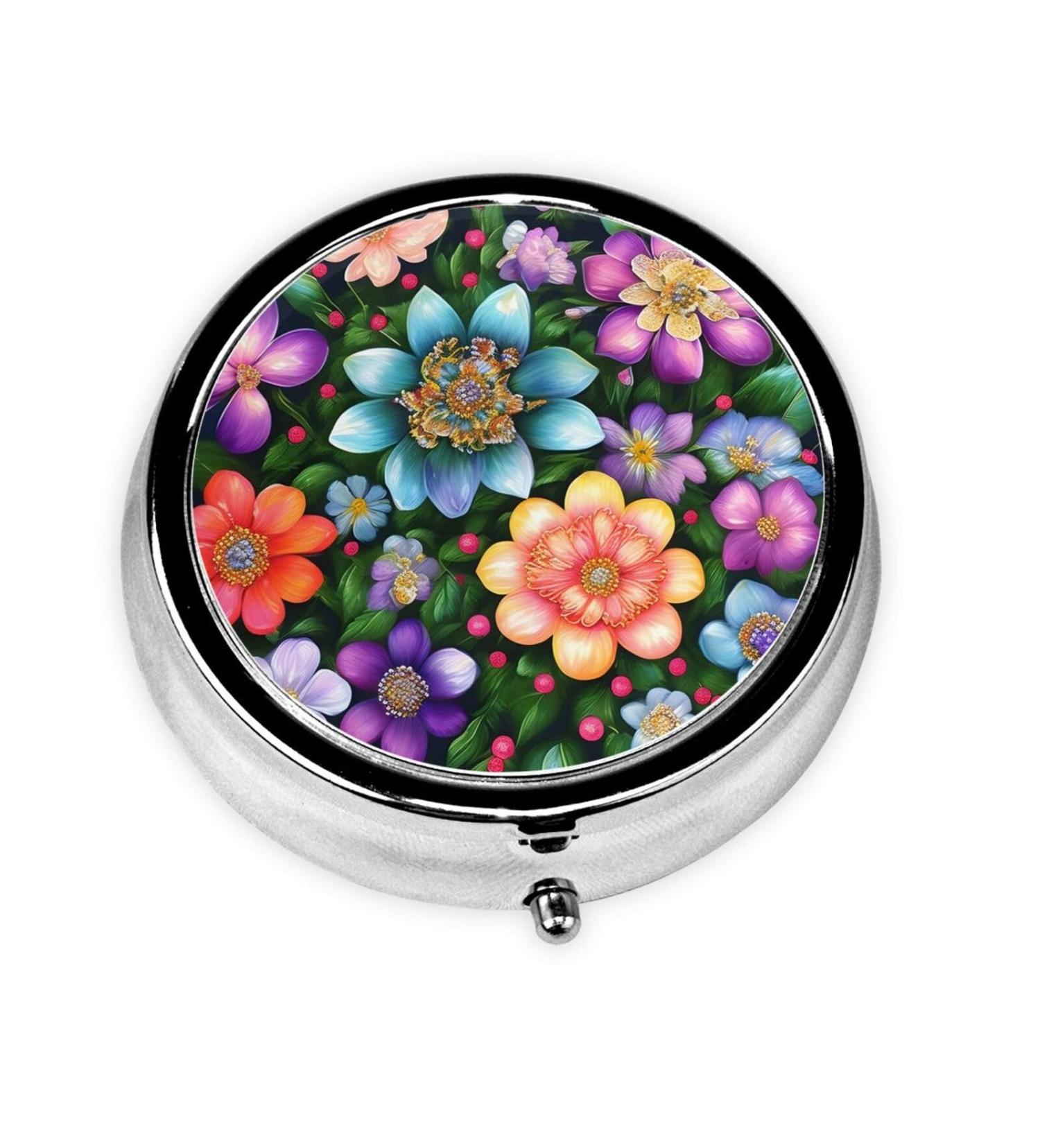 Flower Diamond Paintings Round Pill Box - Cute Mini Travel Pill Box Metal Organizer for Vitamins & Medications - Buy Online on GoSupps.com