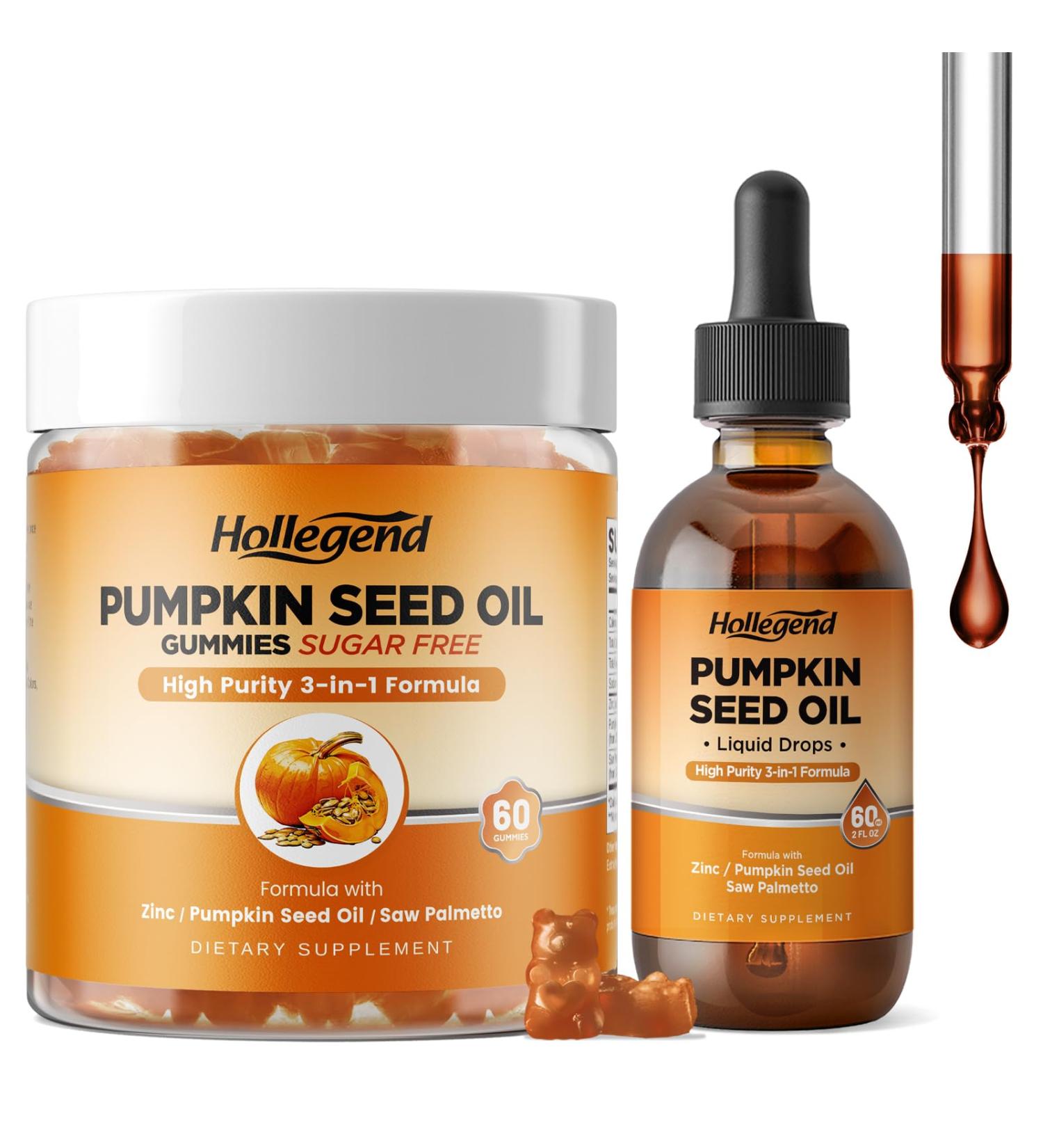 HOLLEGEND Pumpkin Seed Oil Gummies & Pumpkin Seed Oil Supplements Liquid Drops Organic Pumpkin Seed Oil with Saw Palmetto for Hair Growth & Men s Health - Buy Online on GoSupps.com