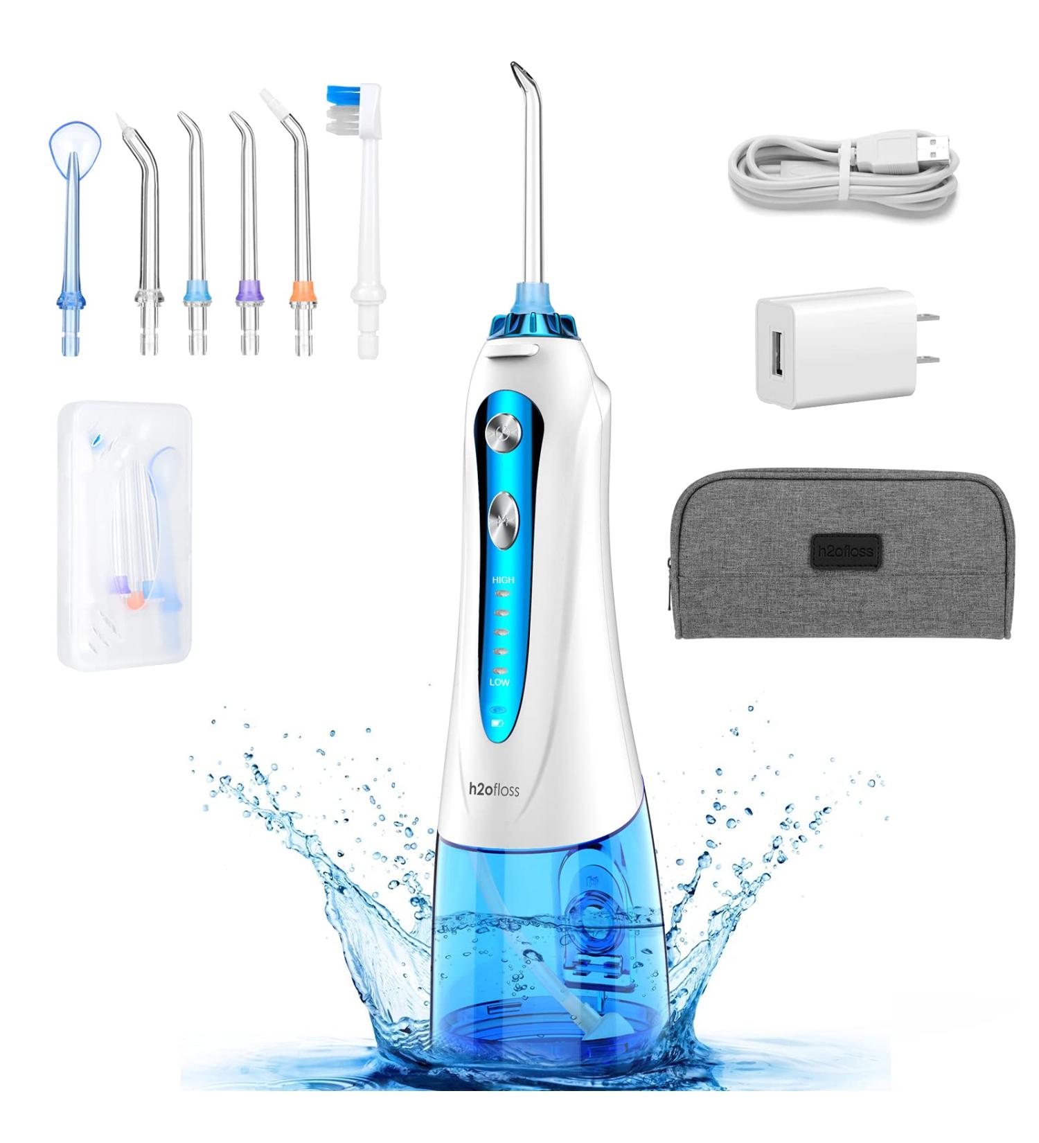 Water Dental Flosser Cordless - H2ofloss Portable Oral Irrigator with 5 Modes, 6 Jet Tips - Rechargeable & Waterproof - Teeth Braces & Gums Care - Home Travel - Blue - Buy Online on GoSupps.com