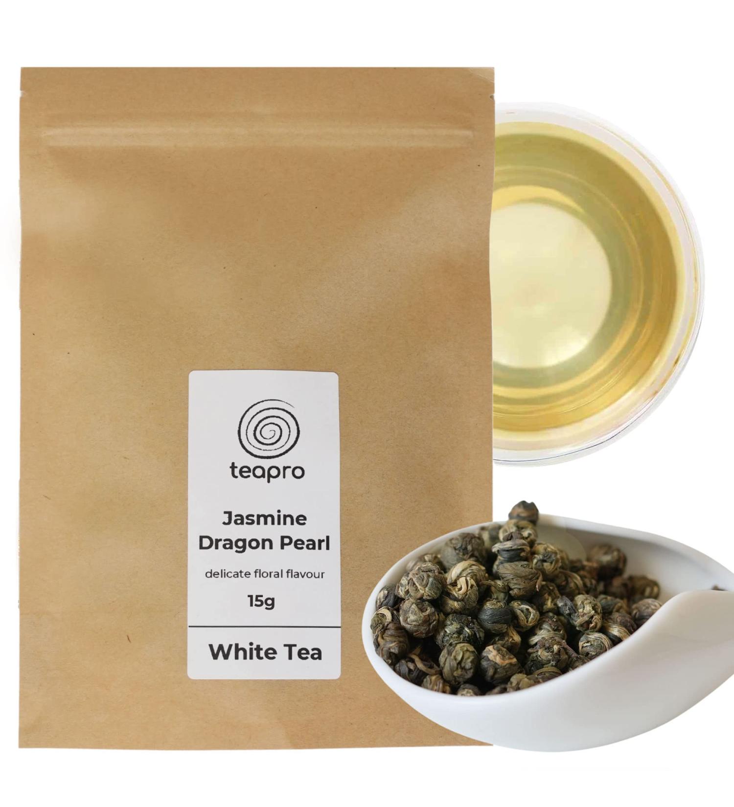 Teapro Dragon Pearl Jasmine White Tea - 15g Loose Leaf Tea in Compostable Zip Lock Pouch - Buy Online on GoSupps.com
