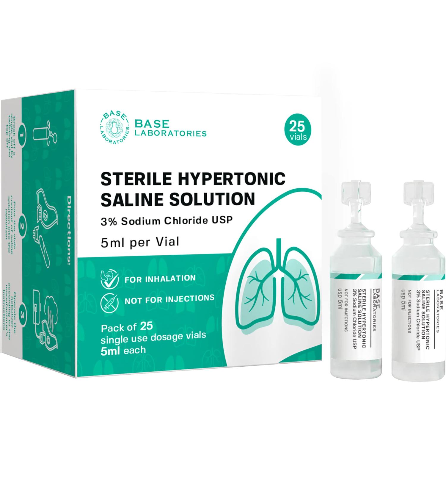 Base Labs 3% Hypertonic Saline Solution for Nebulizer Machine - 25 Vials, 5ml Unit Dose l Kids & Adults | Respiratory Relief & Nasal Hygiene | Clears Lungs & Congestion - Buy Online on GoSupps.com