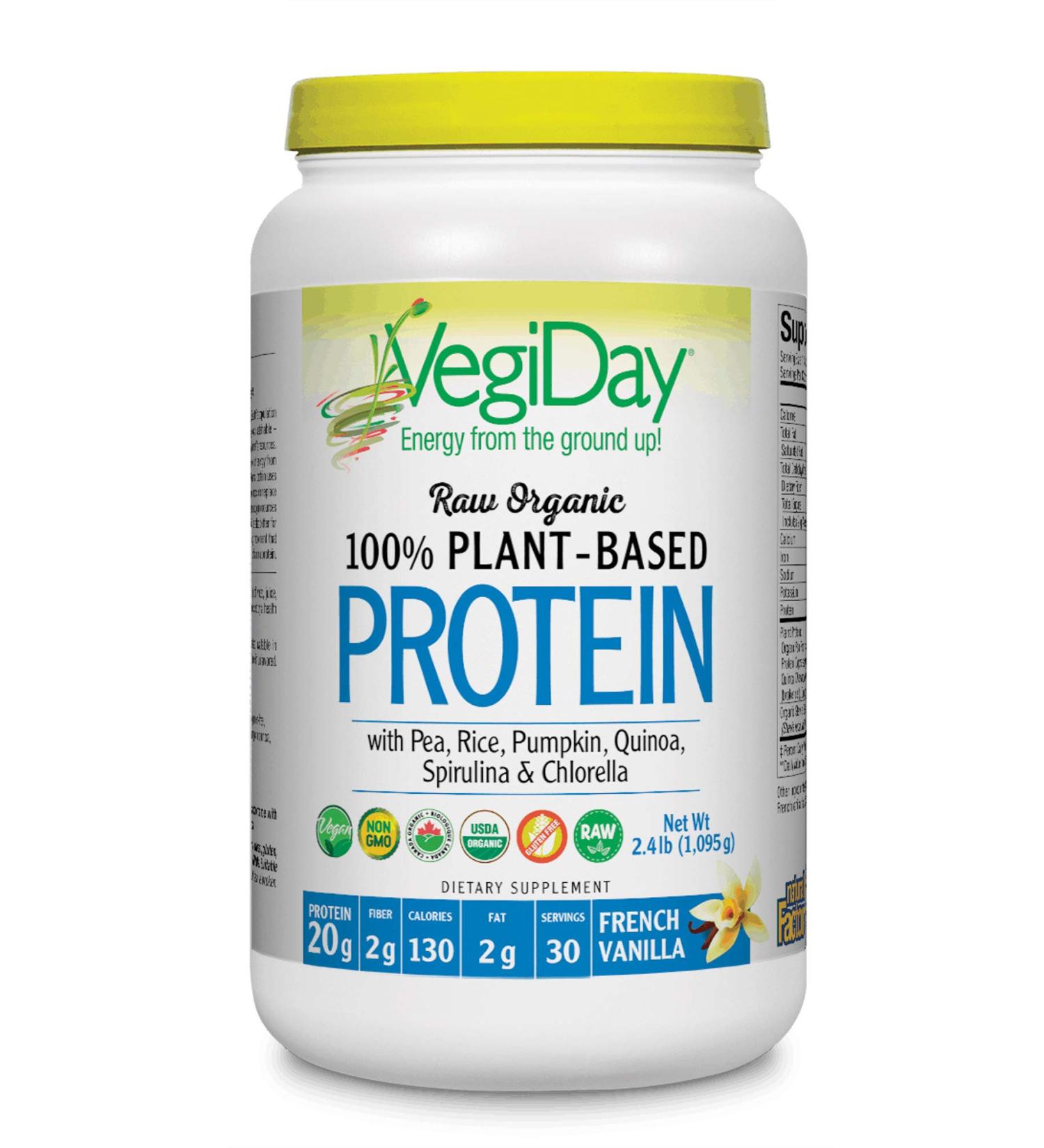 VegiDay Raw Organic Plant-Based Protein by Natural Factors Vegan Protein Powder French Vanilla 2.4 Lbs