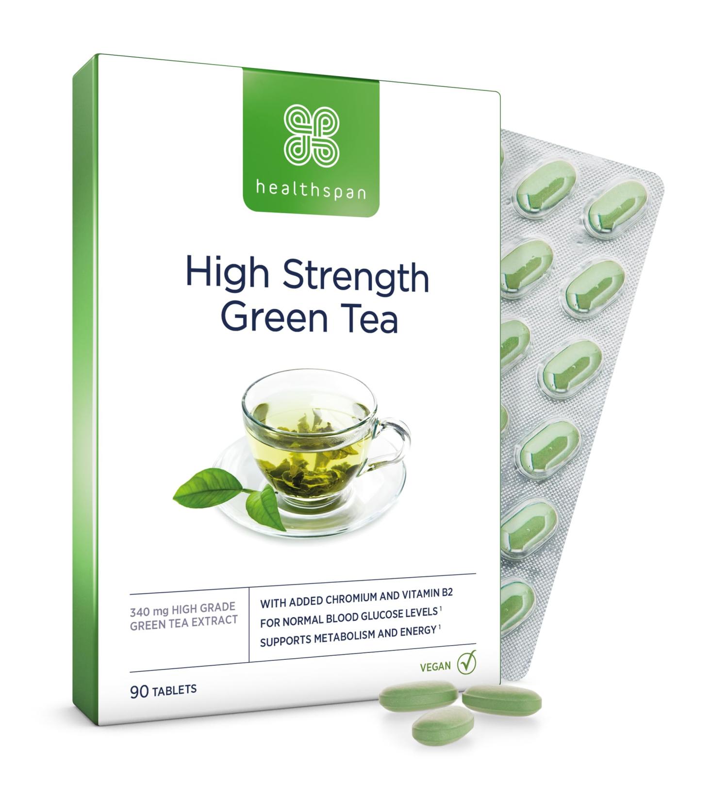 Healthspan High Strength Green Tea Tablets - Chromium & Vitamin B2 - Vegan - Support Normal Blood Glucose & Cell Protection - Buy Online on GoSupps.com
