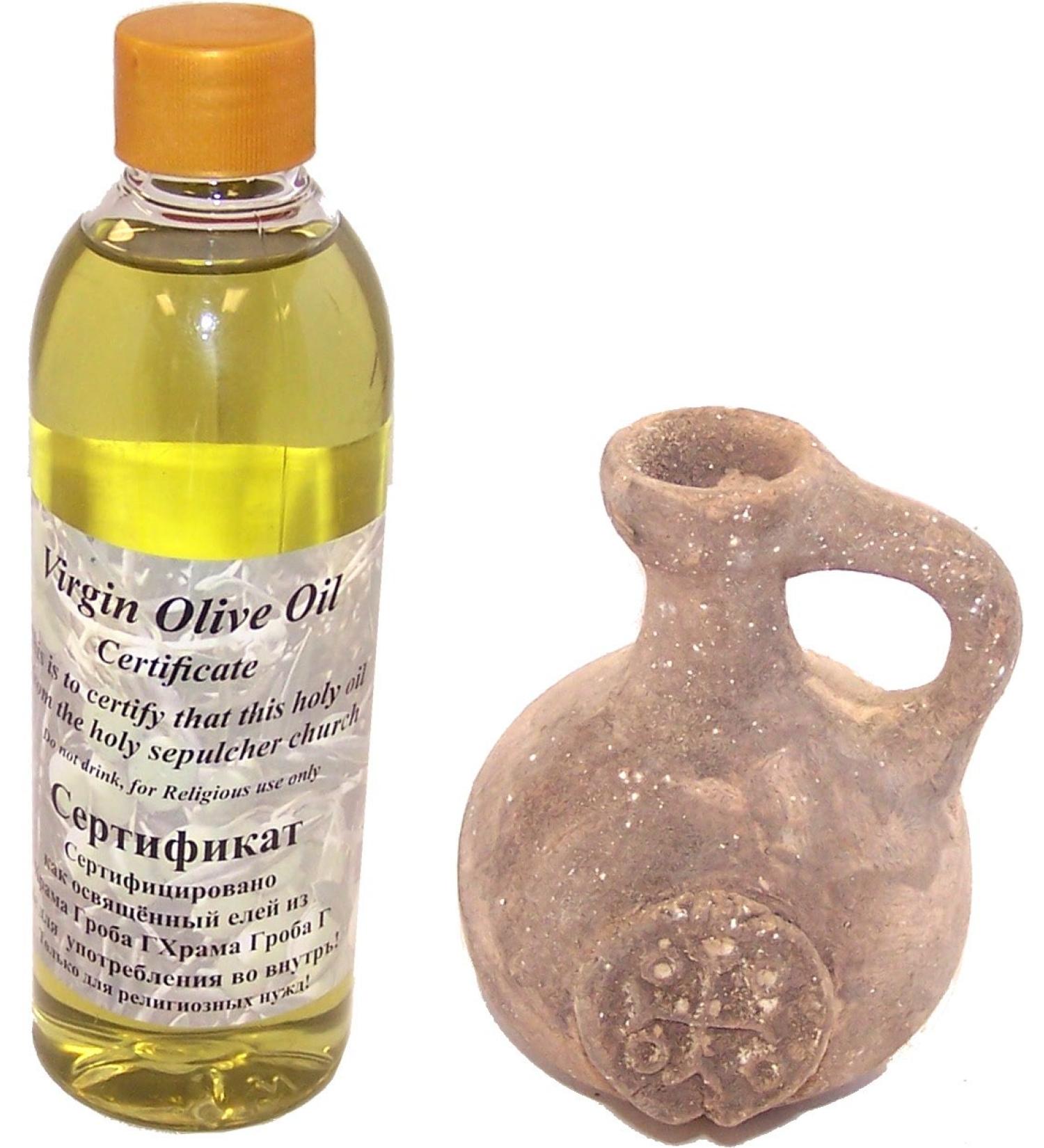 Holy Land Market Crusaders Clay lamp/Jug with Anointing oil - 250 ml (8.5 fl. oz.)