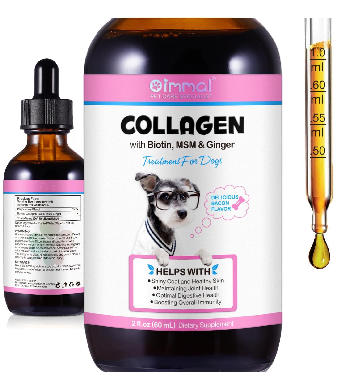 Liquid Collagen for Dogs Maintaining Dog Joint Health Shiny Coat & Healthy Skin Care Dog Digestive Health Supplement with Biotin MSM & Ginger Bacon Flavor - 2 fl oz - Buy Online on GoSupps.com