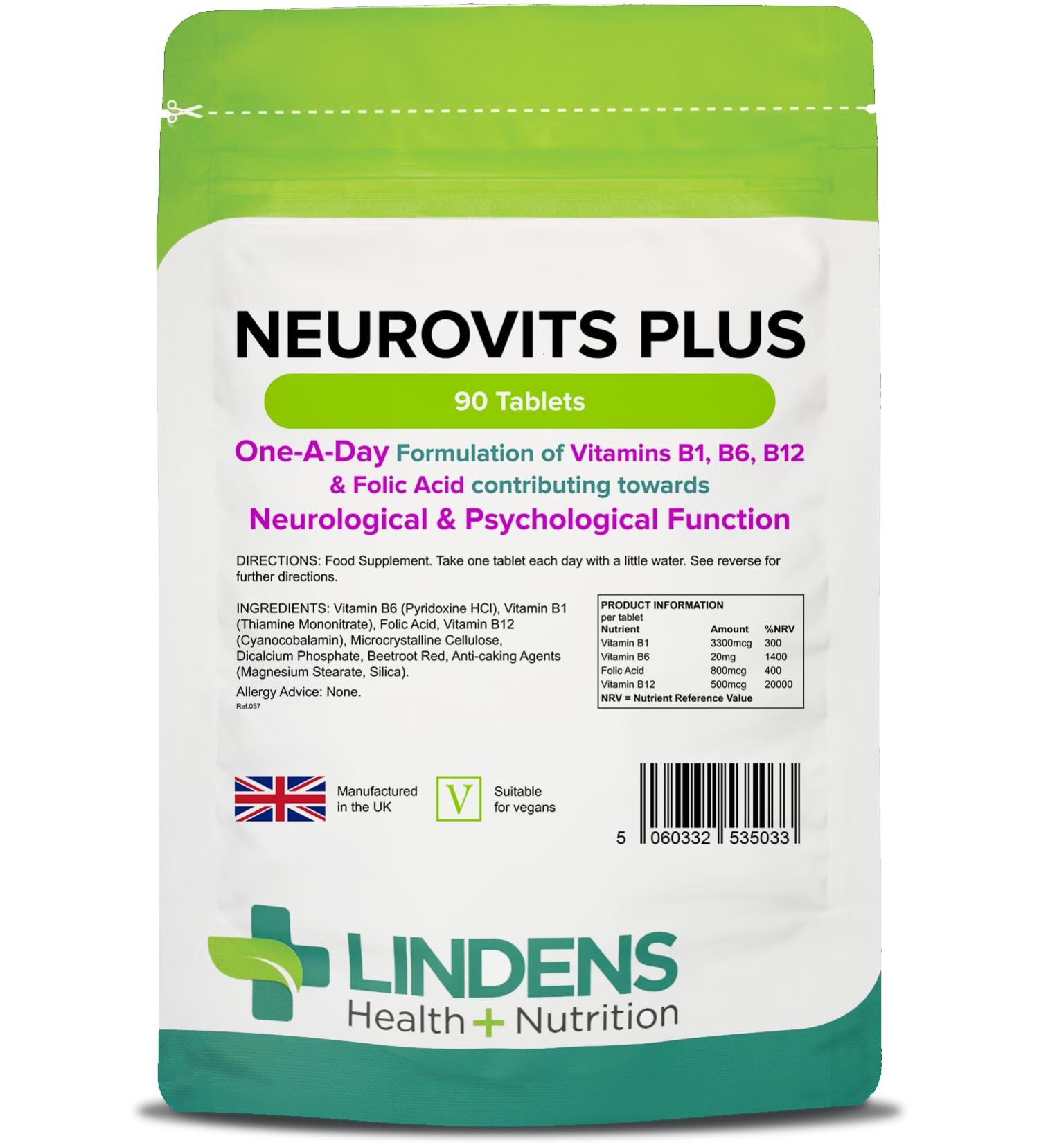 Lindens Neurovits Plus Tablets - 90 Pack | Vitamin B1 B6 B12 & Folic Acid | Supports Psychological Function & Heart Health | UK Manufacturer | 90 Count - Buy Online on GoSupps.com