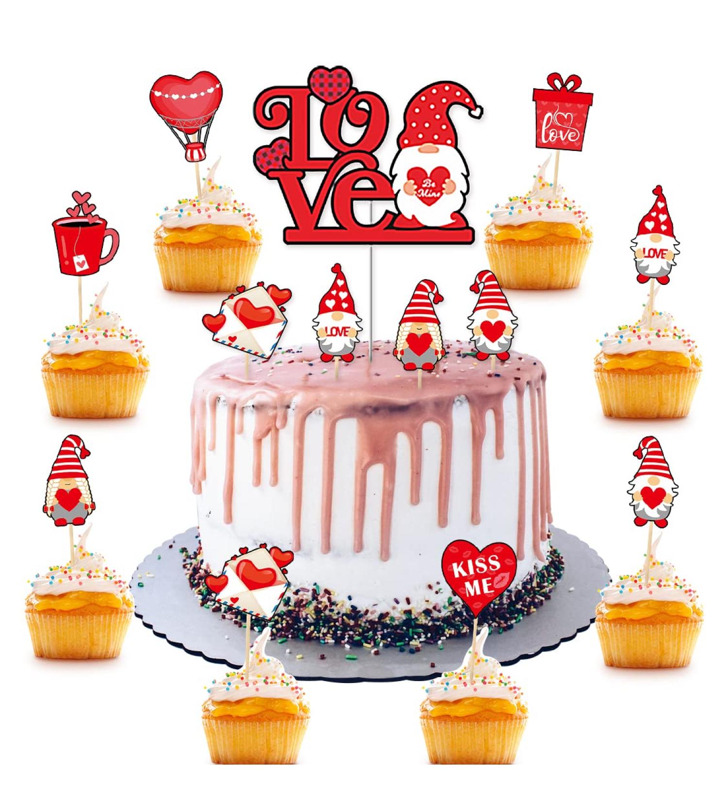 25 Pieces Wedding Red Cupcake Toppers Picks Red Heart Love KISS ME BE Mine Gnomes Happy Birthday Cake Topper Sweet Love Theme Party Cake Decor Supply Food Fruit Picks for Party Dessert Decoration Vn - Buy Online on GoSupps.com