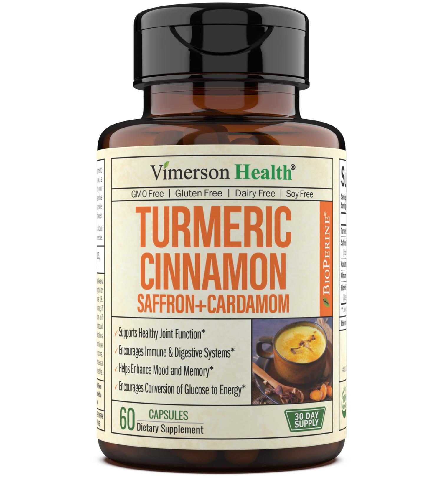 Turmeric Curcumin Saffron Ceylon Cinnamon Cardamom Supplement - Antioxidant & Anti-inflammatory Blend with BioPerine for Joint Support, Mood & Memory Enhancement - 60 Vegan Capsules - Buy Online on GoSupps.com