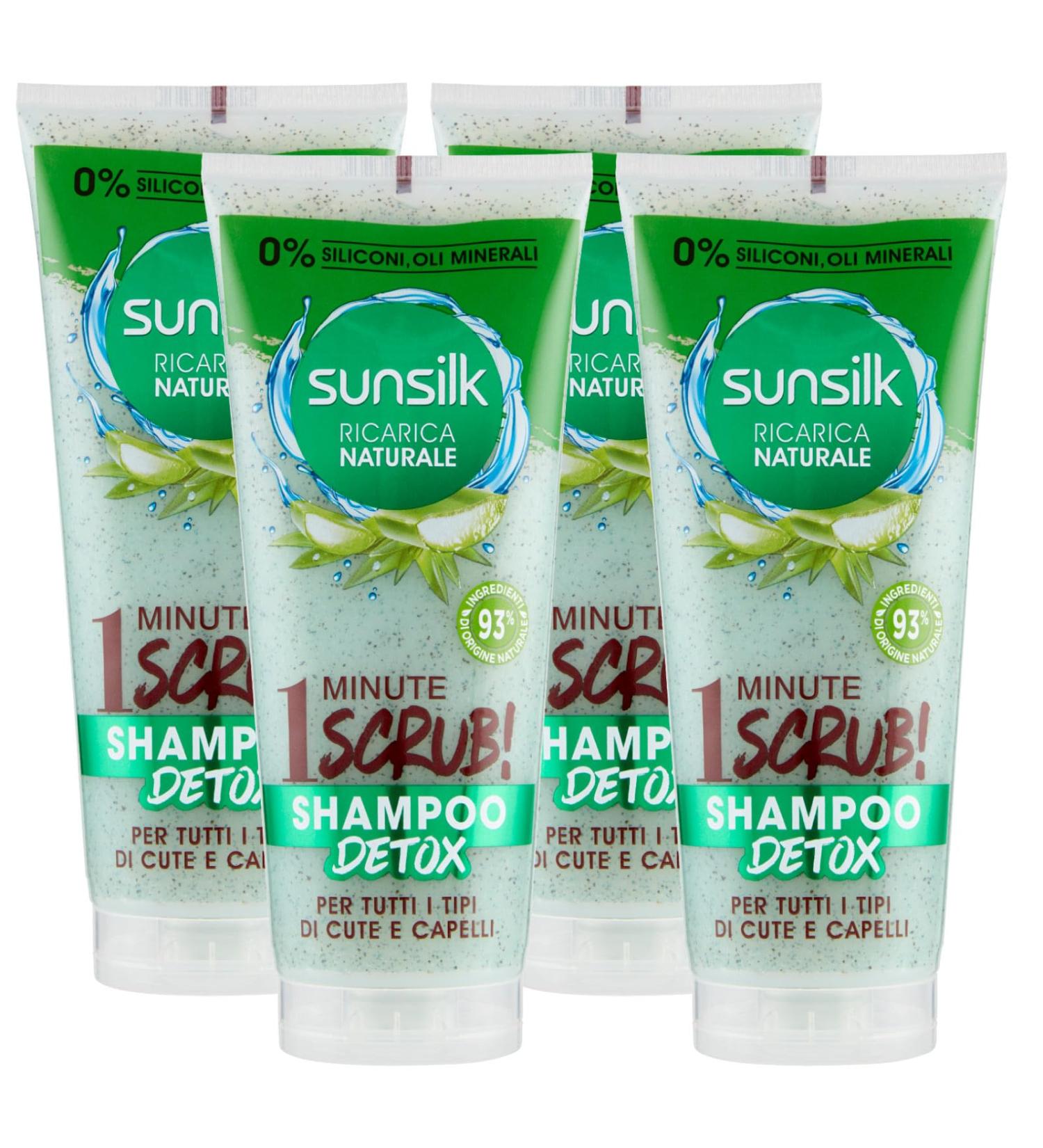 Sunsilk Sunsilk Natural Refill Detox Scrub Shampoo for All Skin and Hair Types with Aloe Vera Naturally Derived Ingredients Silicone-Free 4 x 200 ml Bottles
