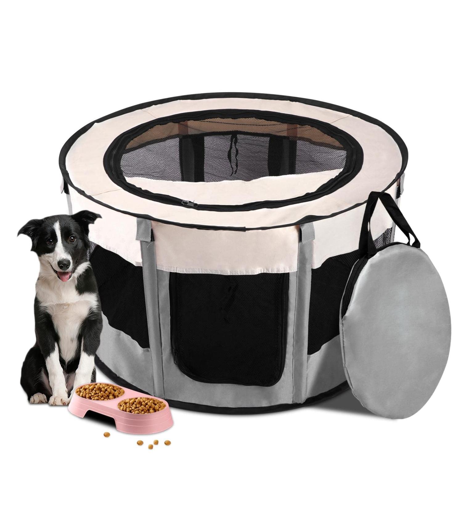 Portable Foldable Pet Playpen for Puppy Cat | Indoor Outdoor Exercise Kennel Tent - Beige & Grey - Buy Online on GoSupps.com