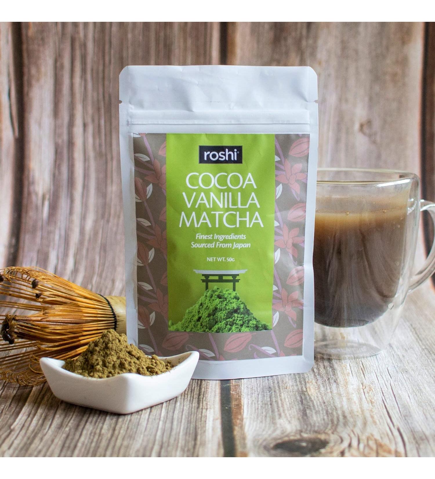 Green Velly Roshi Cocoa Vanilla Matcha | 50 g | Authentic Japanese Matcha | D licious Chocolat Matcha with Vanilla | Energizing Superfood to improve Focus and promotes overall health - Buy Online on GoSupps.com