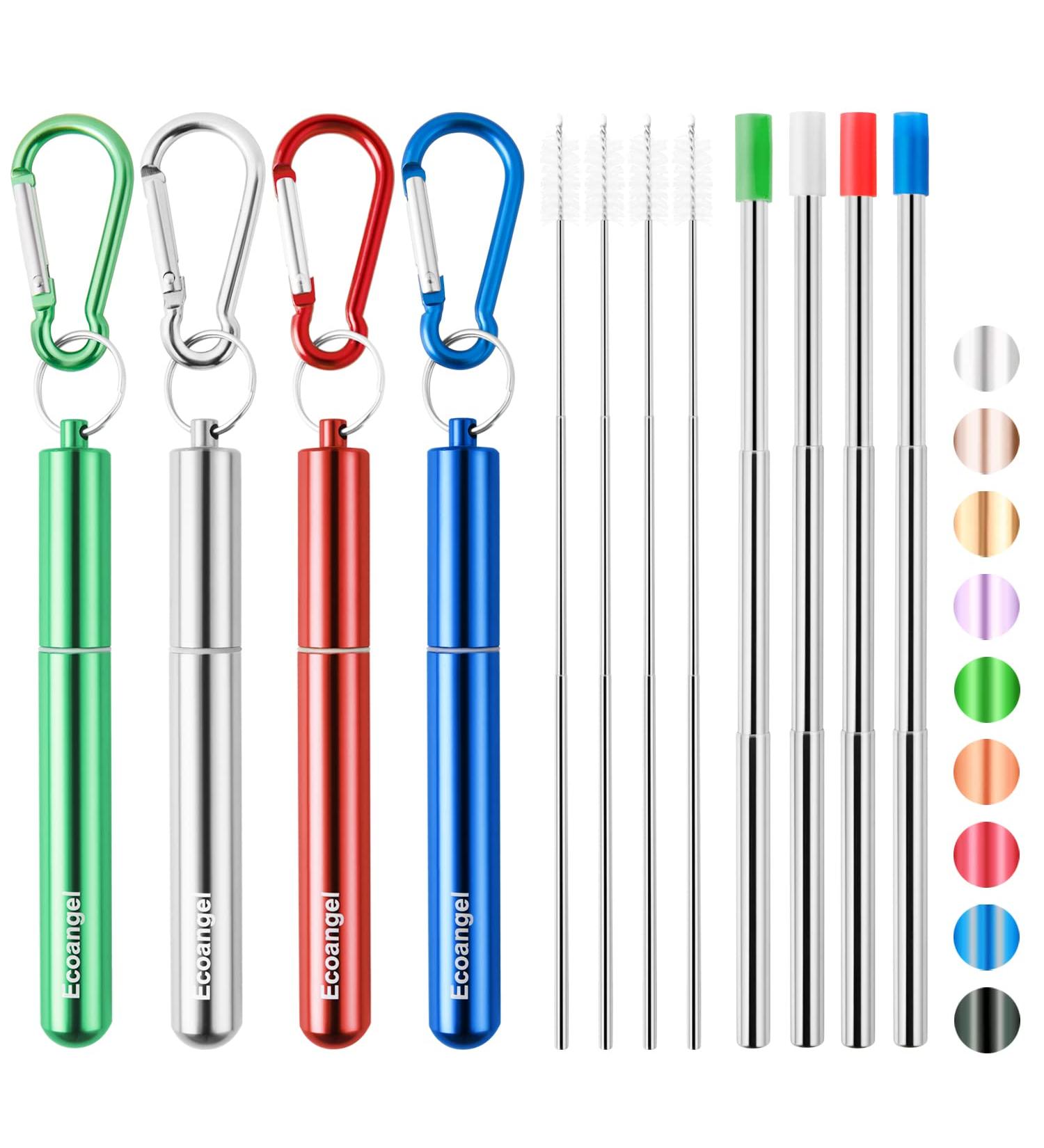 4 Pack Portable Reusable Metal Straws with Key-chain Case - Stainless Steel Telescopic Drinking Straws for Water & Smoothies (Silver/Blue/Red/Green) - Buy Online on GoSupps.com