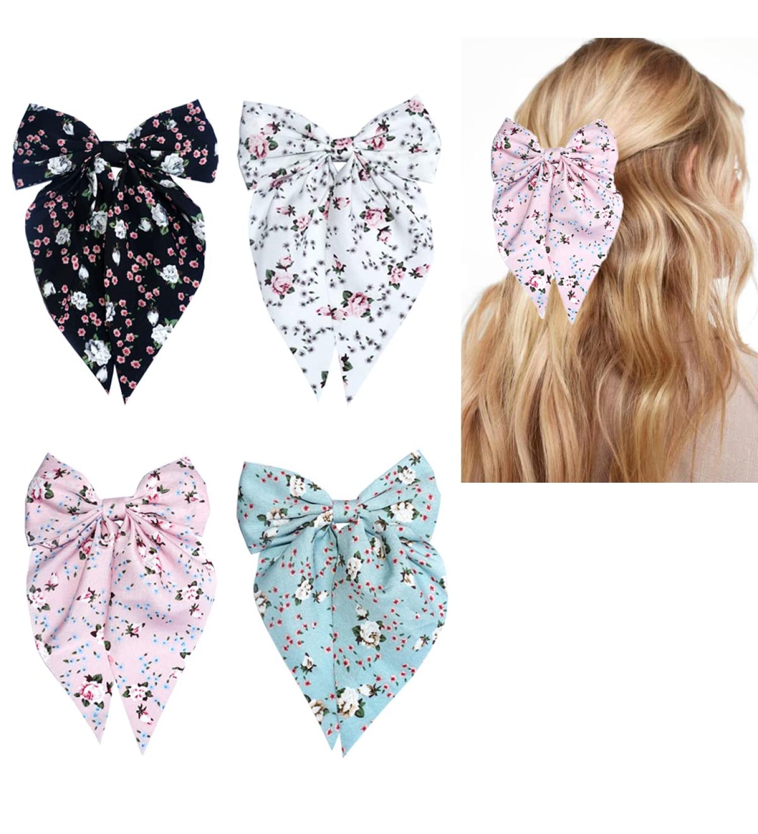 Floral Hair Bows Set - Women/Girls Barrettes Clips - Hair Accessories in White/Pink/Blue/Black (4pcs) - Buy Online on GoSupps.com