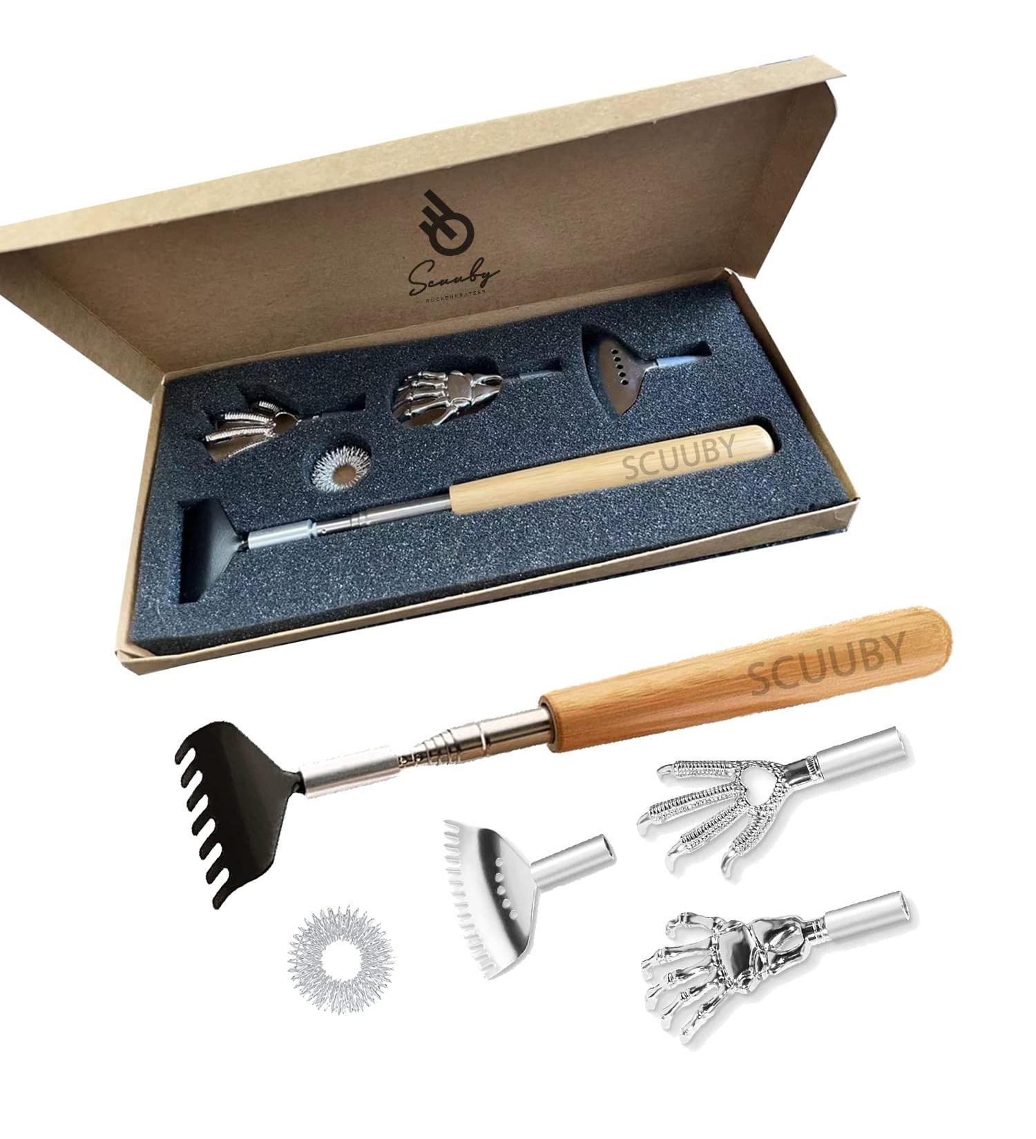 SCUUBY 6-Part Back Scratcher - Premium Stainless Steel & Bamboo Extendable with Interchangeable Attachments - Buy Online on GoSupps.com