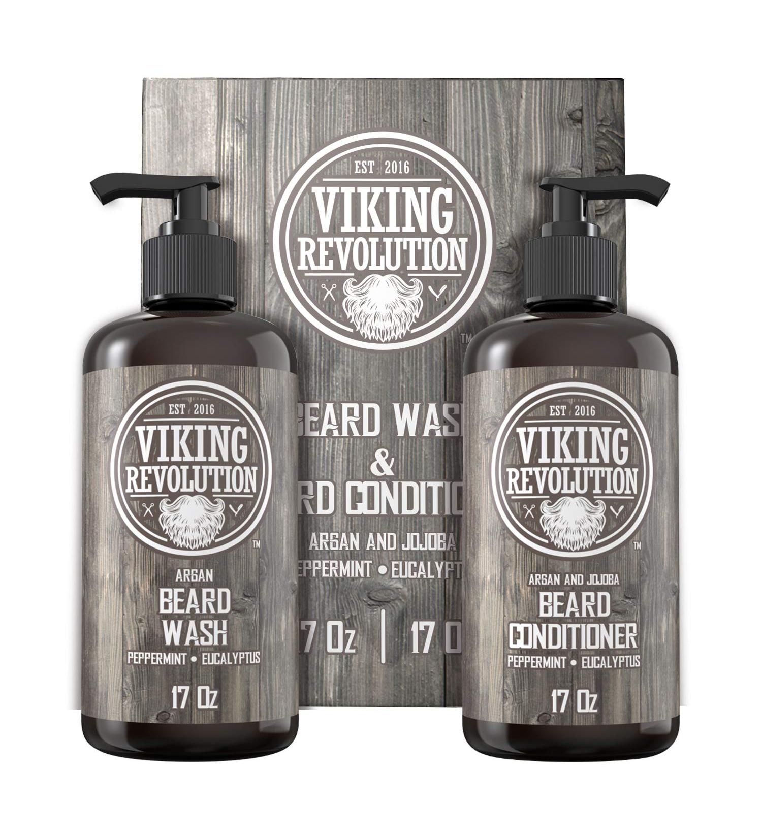 Viking Revolution Beard Wash & Conditioner Set - Argan & Jojoba Oils, Softens, Smooths, Strengthens Beard Growth - Natural Peppermint & Eucalyptus Scent - 17oz Beard Shampoo with Oil - Buy Online on GoSupps.com