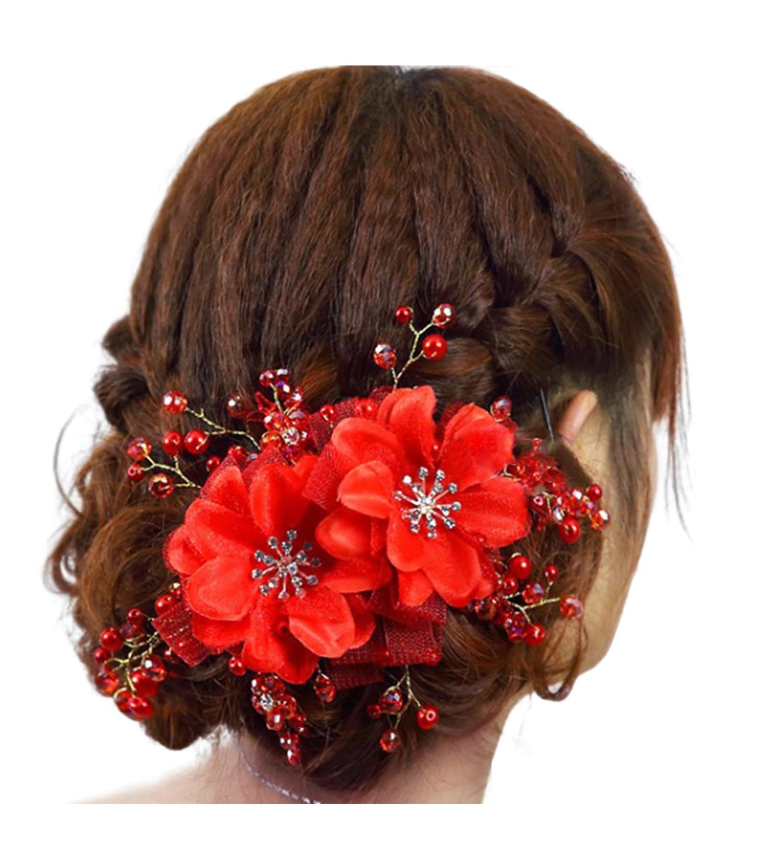 Smbcgdm Flower Decor Hair Barrette Faux Pearl Clip Exquisite Beidal Headpiece with Rhinestone Fake Luxury Anti-slip Red - Buy Online on GoSupps.com