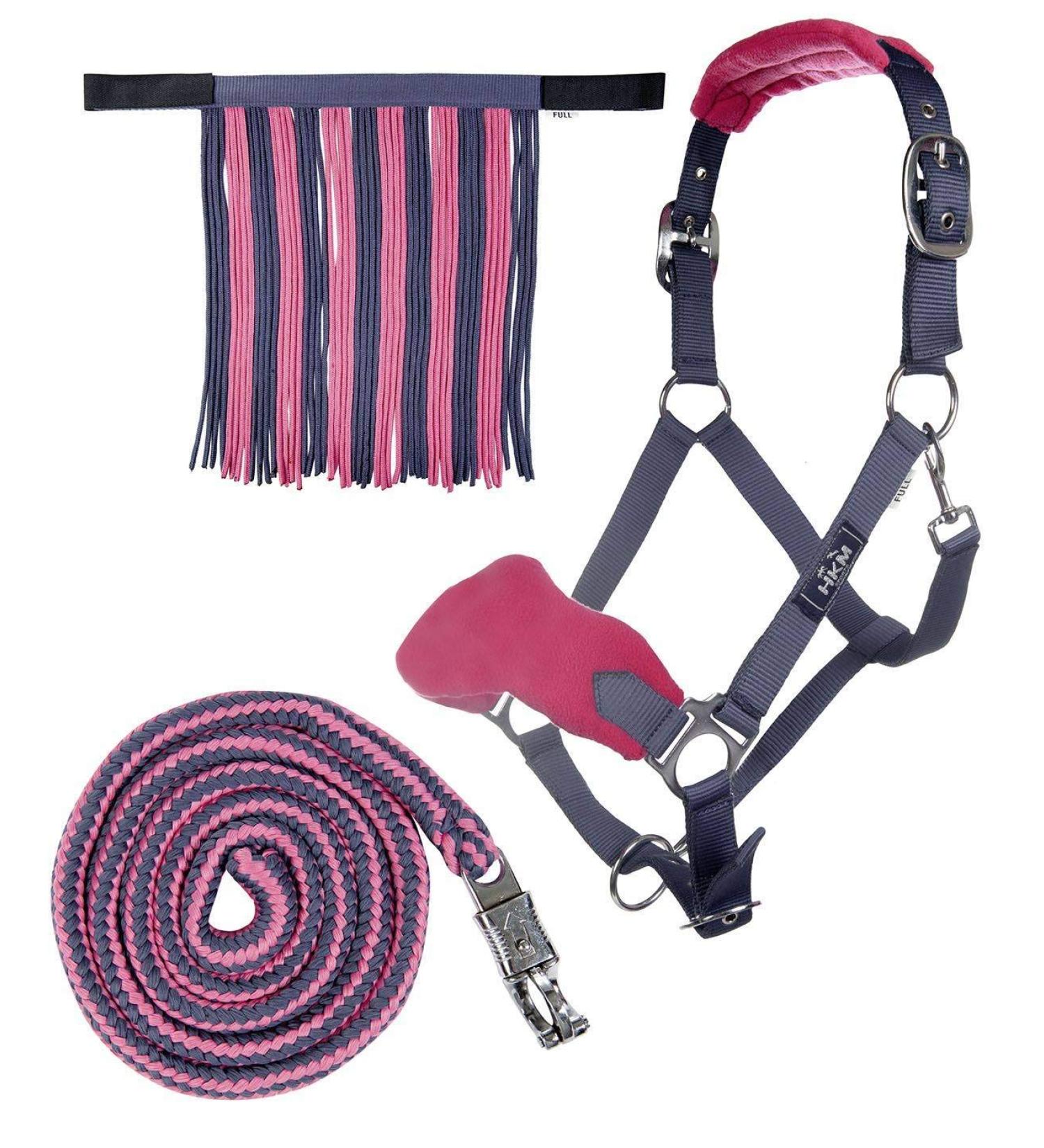 HKM Halter with Rope Panic & Fly Fringes | Grey/Pink Warmblood WB Full - International Shipping Available - Buy Online on GoSupps.com