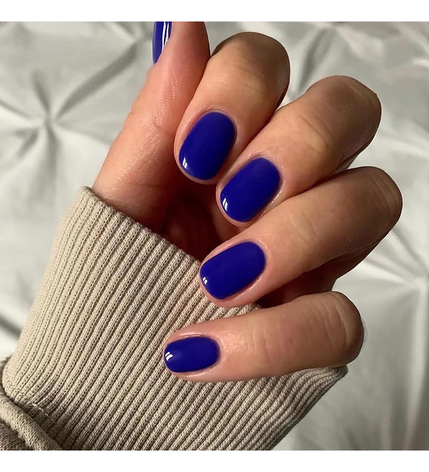 BNUUTIM Square Press on Nails Blue False Nails with Designs - Glossy UV Finish Acrylic Squoval Nails for Women and Girls - Buy Online on GoSupps.com