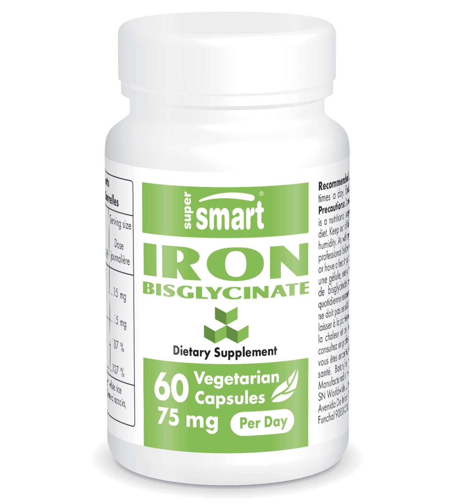 Supersmart Iron Bisglycinate 75mg - Highly Bio-Available Iron Supplement | Non-GMO & Gluten-Free - 60 Vegetarian Capsules - Buy Online on GoSupps.com
