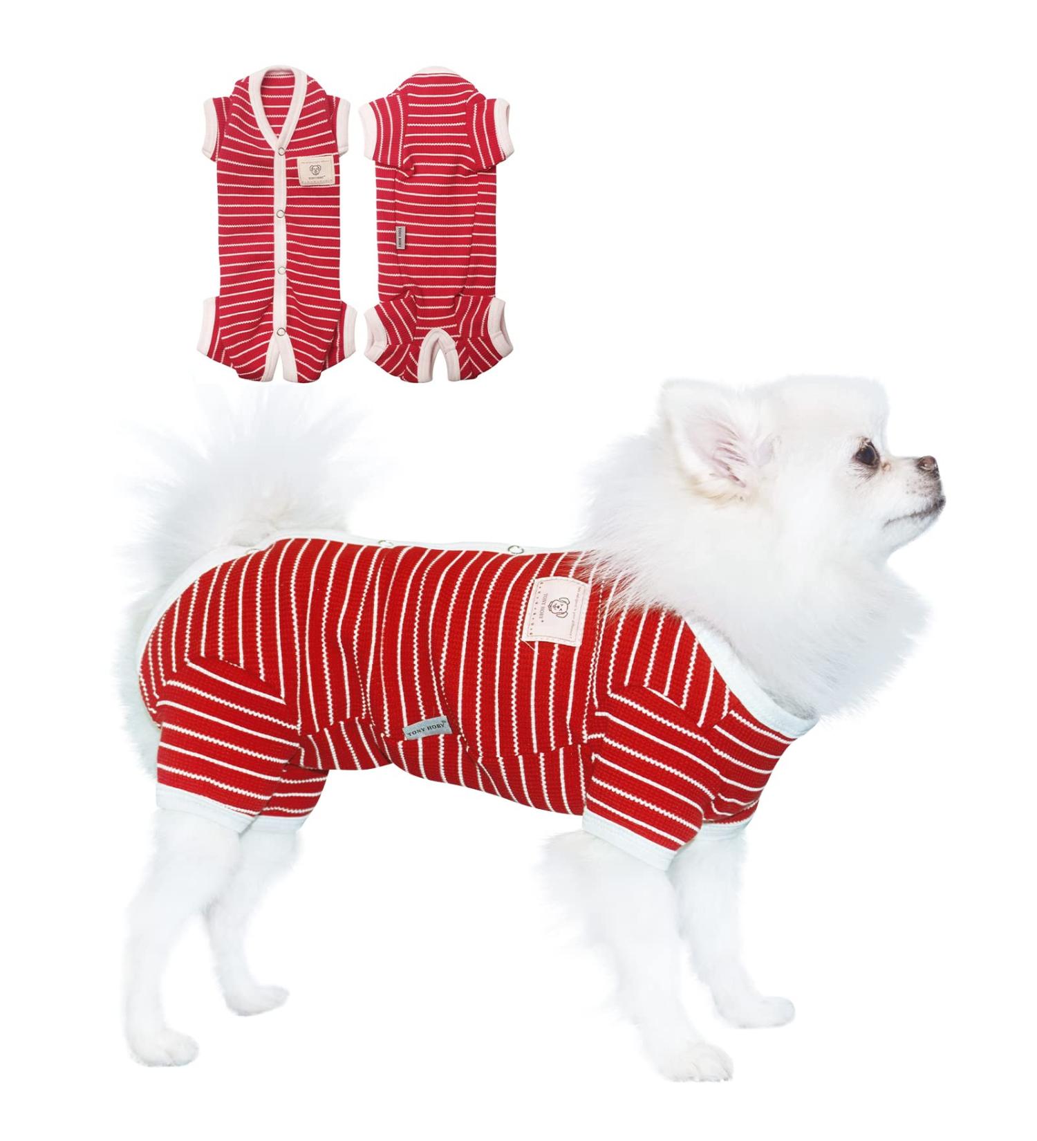 Tony Hoby Dog Overall Suit for Men & Women - Soft Cotton 4-Leg Stripes Pajamas for Comfortable Sleep - L Red-Girl - Buy Online on GoSupps.com