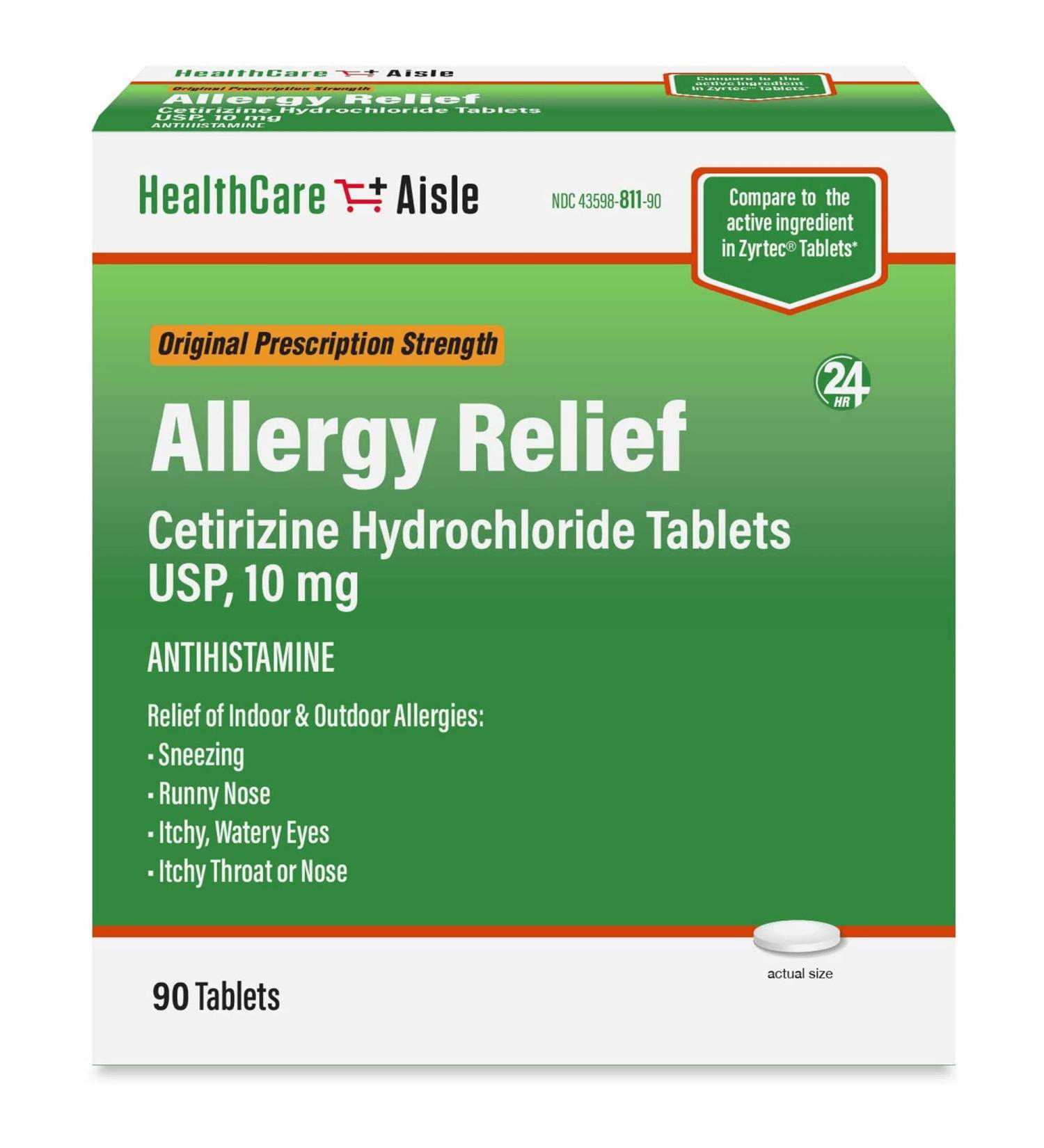 HealthCareAisle Cetirizine Hydrochloride 10mg Allergy Relief Tablets - 90 Count Pack of 1 - Original Prescription Strength 24-Hour Medication - Buy Online on GoSupps.com