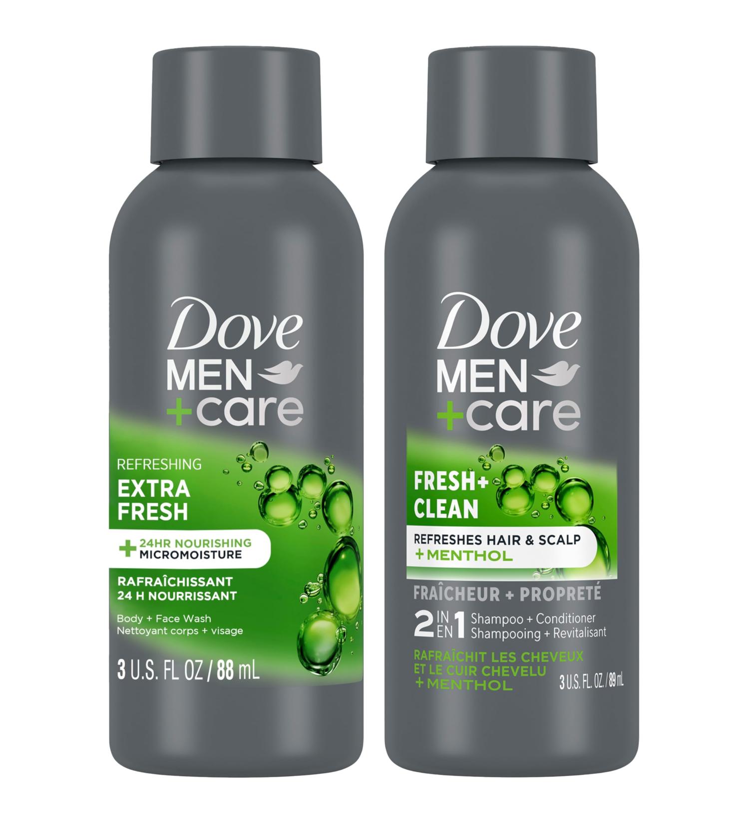 Dove Men+Care Travel Essentials Bundle  Extra Fresh Body & Face Wash & Fresh + Clean 2-in-1 Shampoo 3 Oz Ea - Buy Online on GoSupps.com