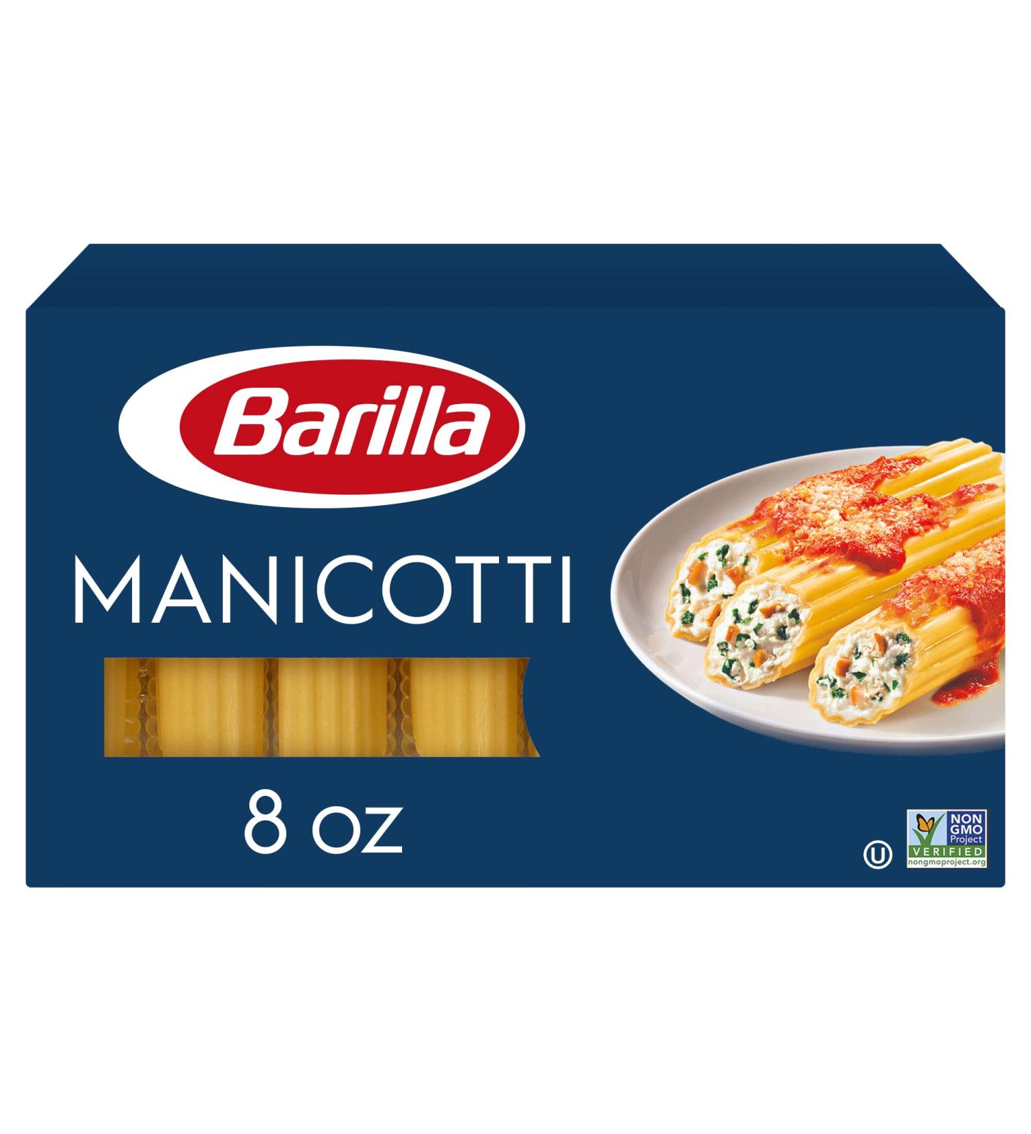 Barilla Manicotti Pasta 8 Oz. Box - Non-GMO Durum Wheat Semolina - Italy's #1 Pasta Brand - Kosher Certified - 8 Ounce Pack - Buy Online on GoSupps.com