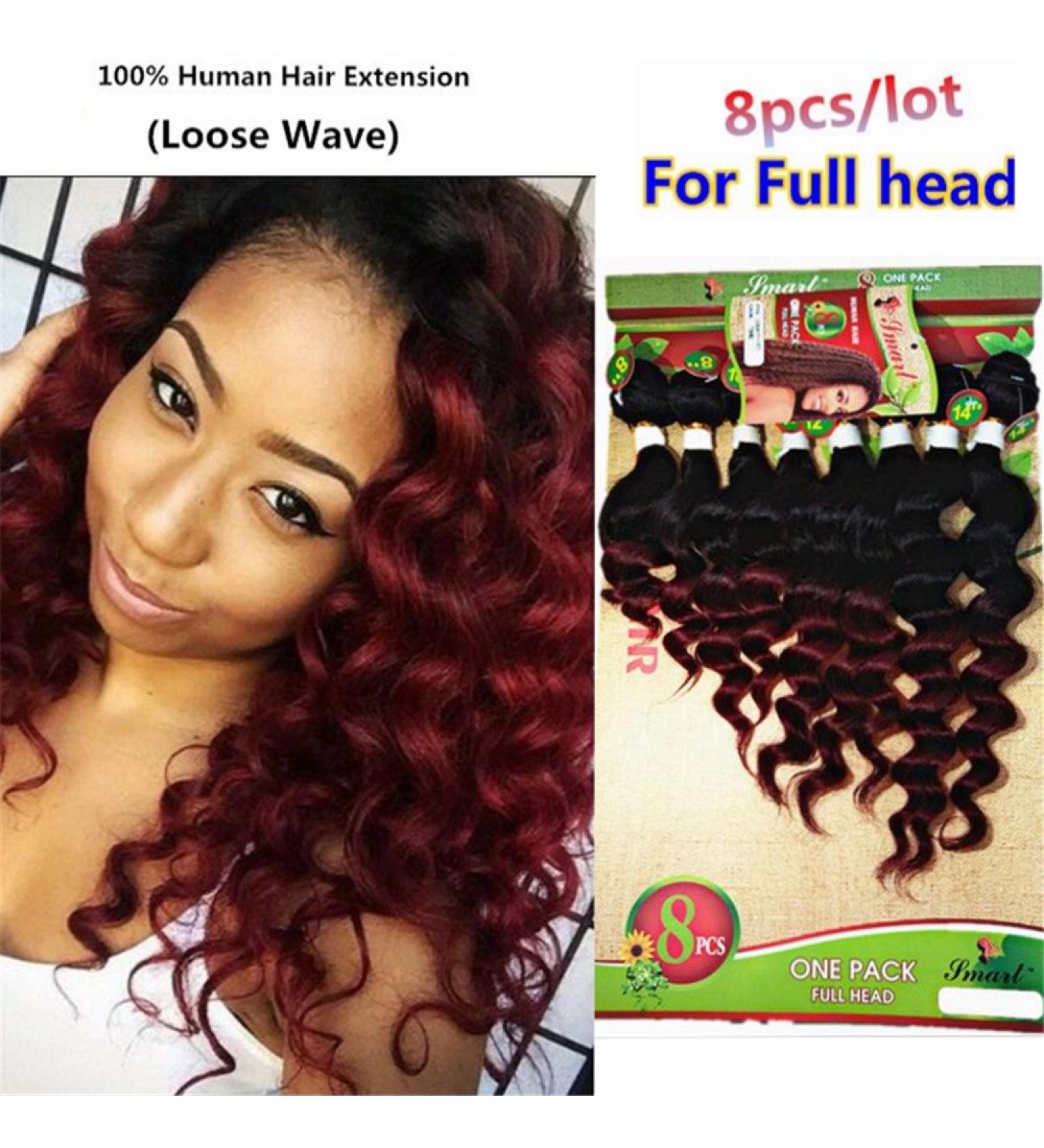 Loose Wave Hair Extensions - 8 Bundle Brazilian Human Hair Ombre Burgundy (8 10 12 14 Inch) - Buy Online on GoSupps.com
