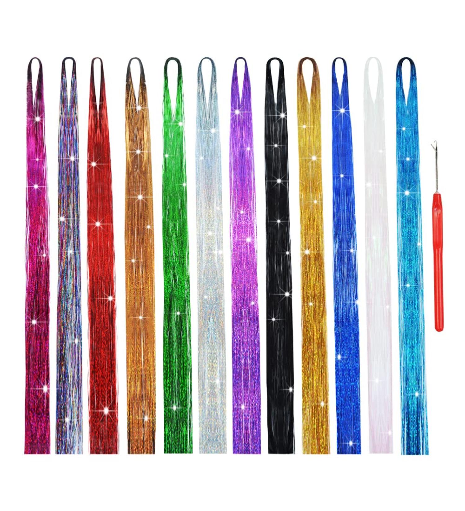 Sparkling Hair Tinsel Strands Kit - 47 Inch, 2400 Strands, 12 Colors - Buy Online on GoSupps.com