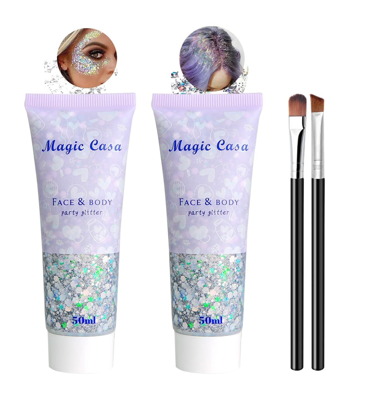 2-Piece Body Glitter Gel Set - Mermaid Sequin Sparkling Chunky Glitter for Face Hair & Lips | Festival Makeup & Masquerade Birthday - Includes 2 Silver Gels & 2 Brushes - Buy Online on GoSupps.com