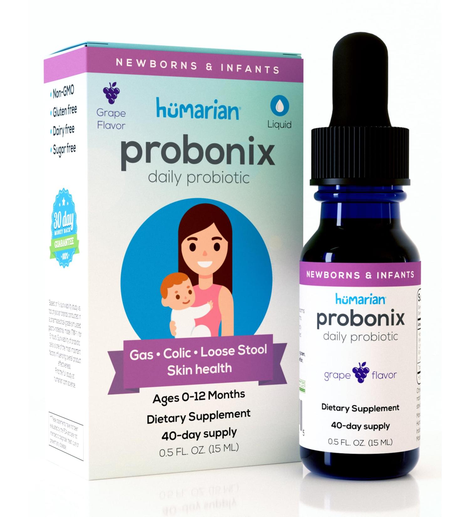 Humarian Probonix for Newborns and Infants 0-12 Months - High Bioavailability Liquid Probiotics - 8-Strain Baby Probiotic Drops for Gas Colic Lactose Intolerance & More - 40-Day Supply Grape Flavor - Buy Online on GoSupps.com