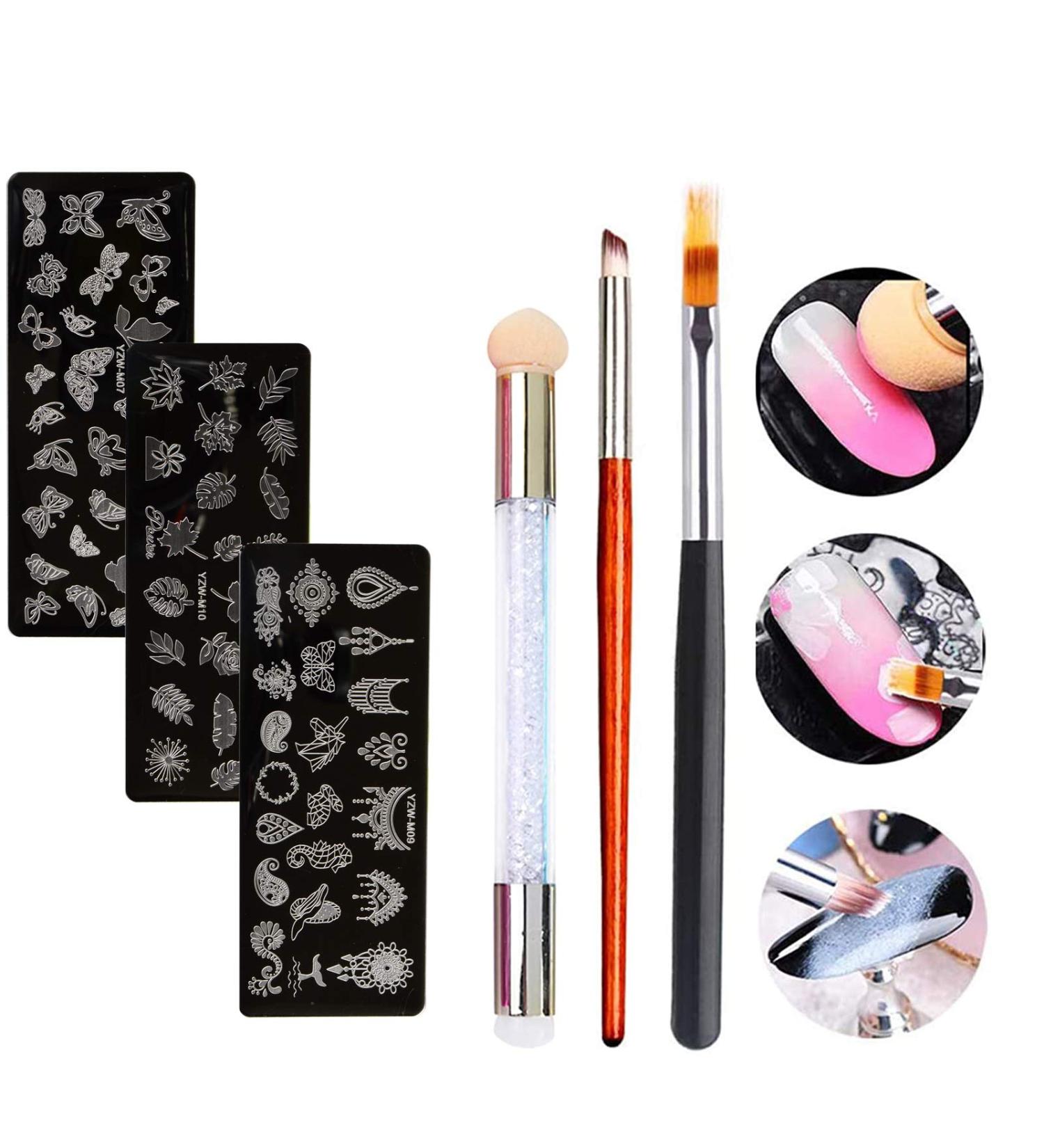 Mwoot Nail Art Brush Set with Nail Stamp Stencil Kit - 6 Brushes for Gel Nail Art Ombre Sponges & Flower Butterfly Stamping Plates - Buy Online on GoSupps.com
