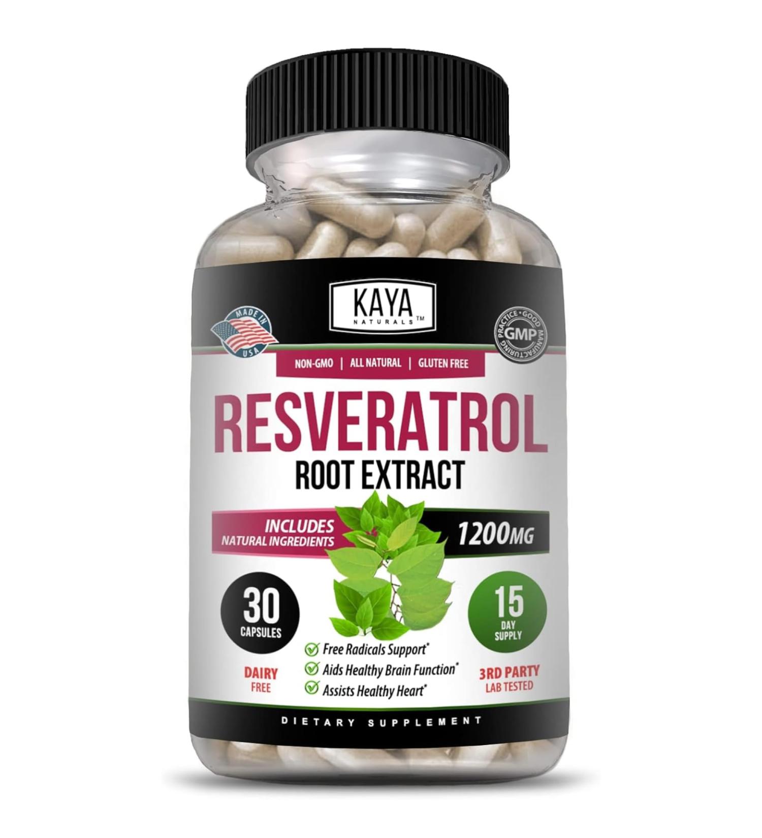 Kaya Naturals - Resveratrol Capsules - Anti Aging Supplement - Antioxidants with Brain Support - Maximum Benefits - 30 Veggies Capsules 1 Count (Pack of 30) - Buy Online on GoSupps.com