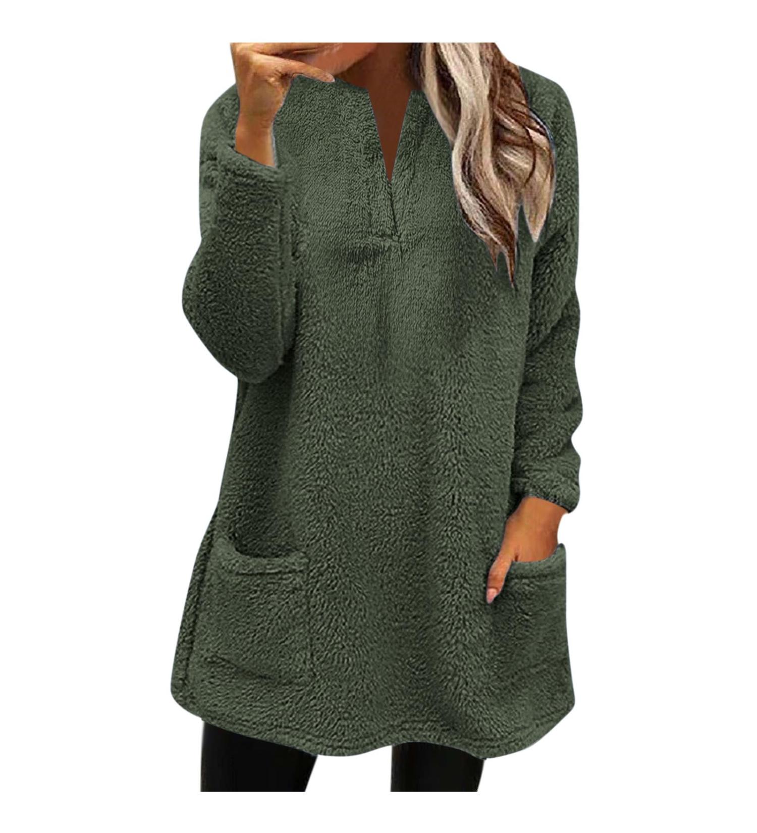 AMhomely Women's Plus Size Double Fleece Hooded Jumper - Army Green, Size M | Soft & Cozy Winter Casual Hoodie with V-Neck, Pocket, and Pullover Design - Buy Online on GoSupps.com
