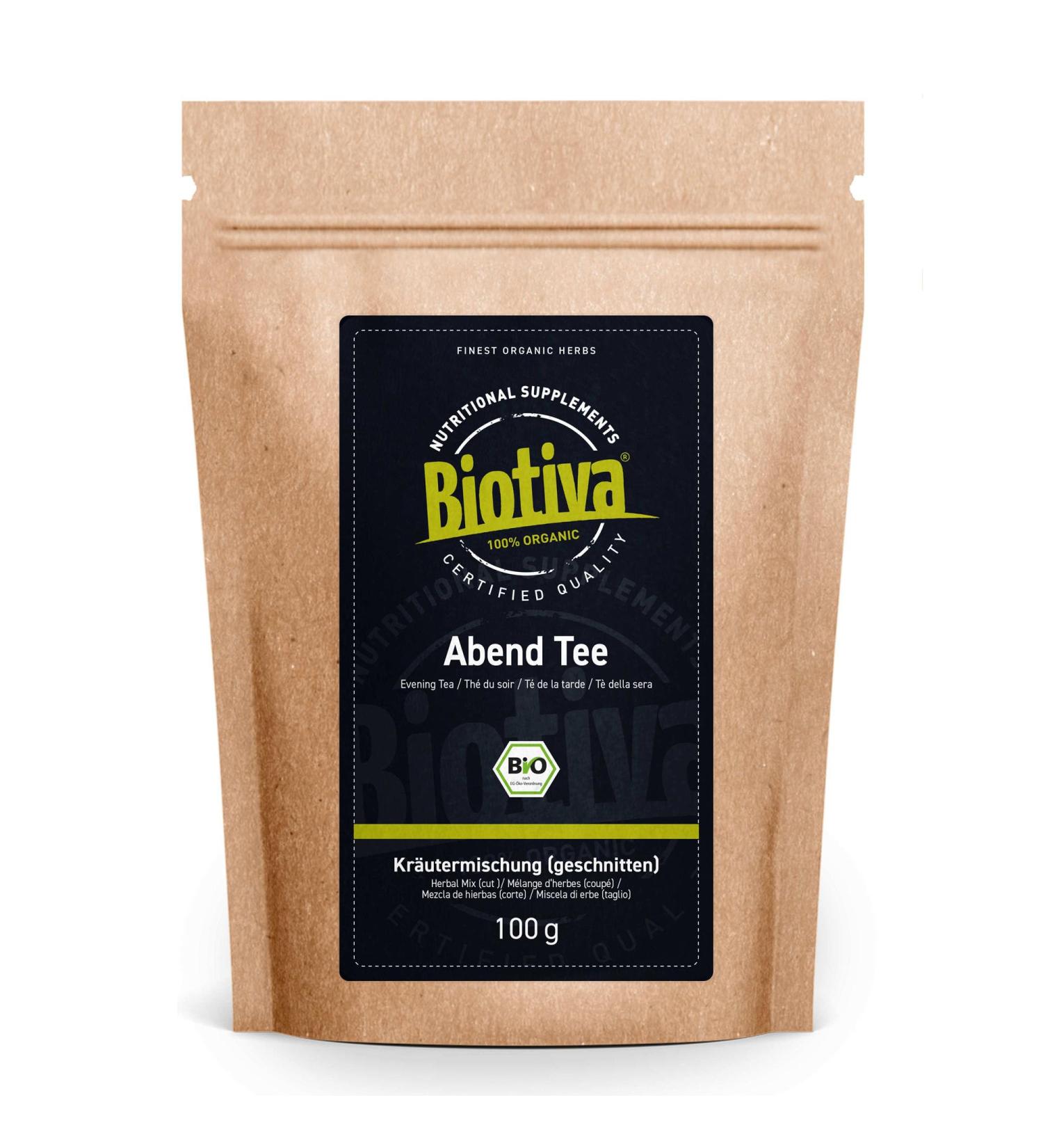 Biotiva Evening Tea Organic 100g - Cut - Herbal Tea - Lemon Balm BlackBerry Leaves Lemongrass Chamomile Valerian Root hop Blossoms coneflower Blossoms and Rose Blossoms - Buy Online on GoSupps.com