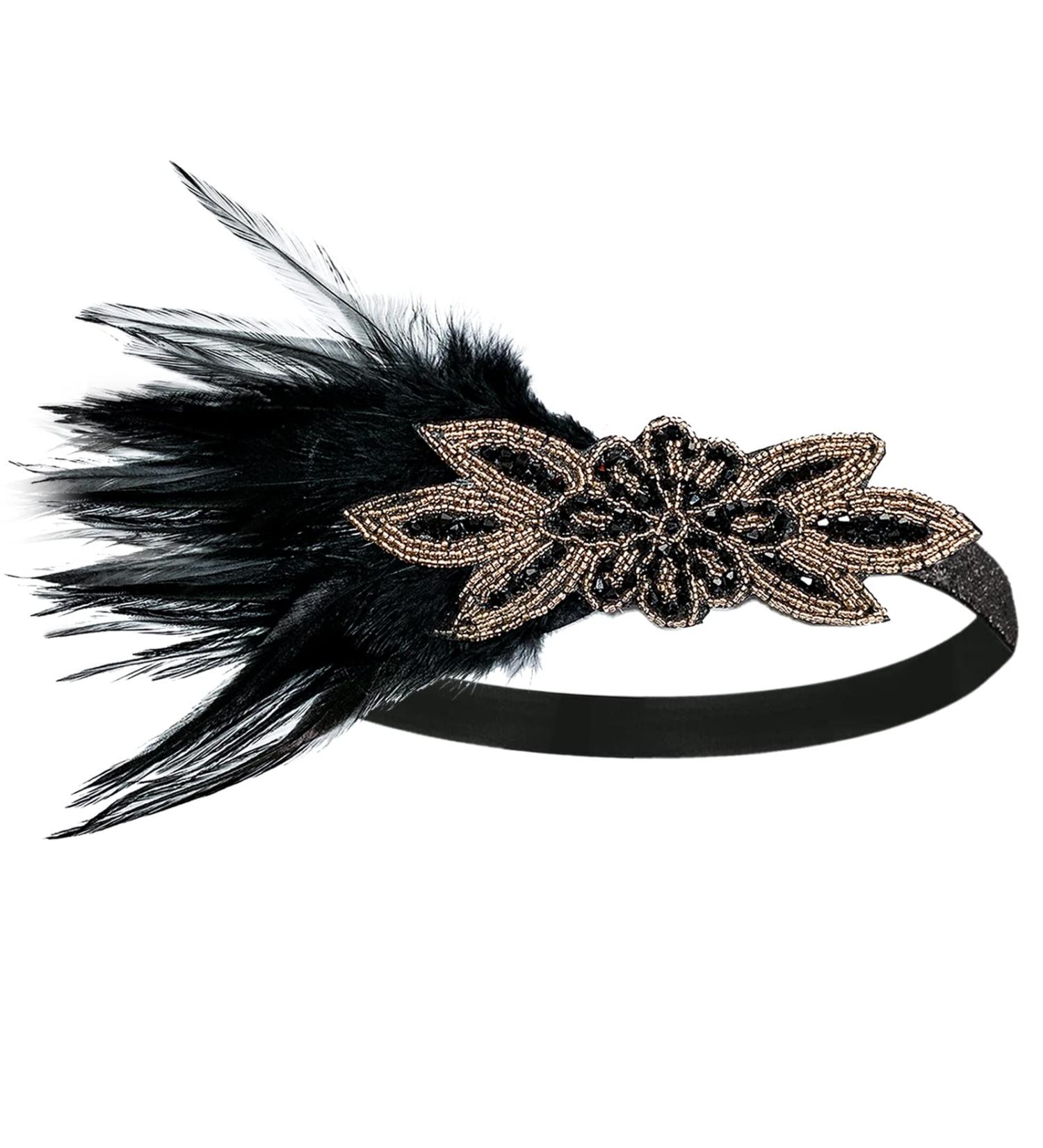 1920s Flapper Feather Headband 20s Sequined Showgirl Headpiece Roaring 20's Theme Set for Women Girls Costume Headwear (Black Feather) - Buy Online on GoSupps.com