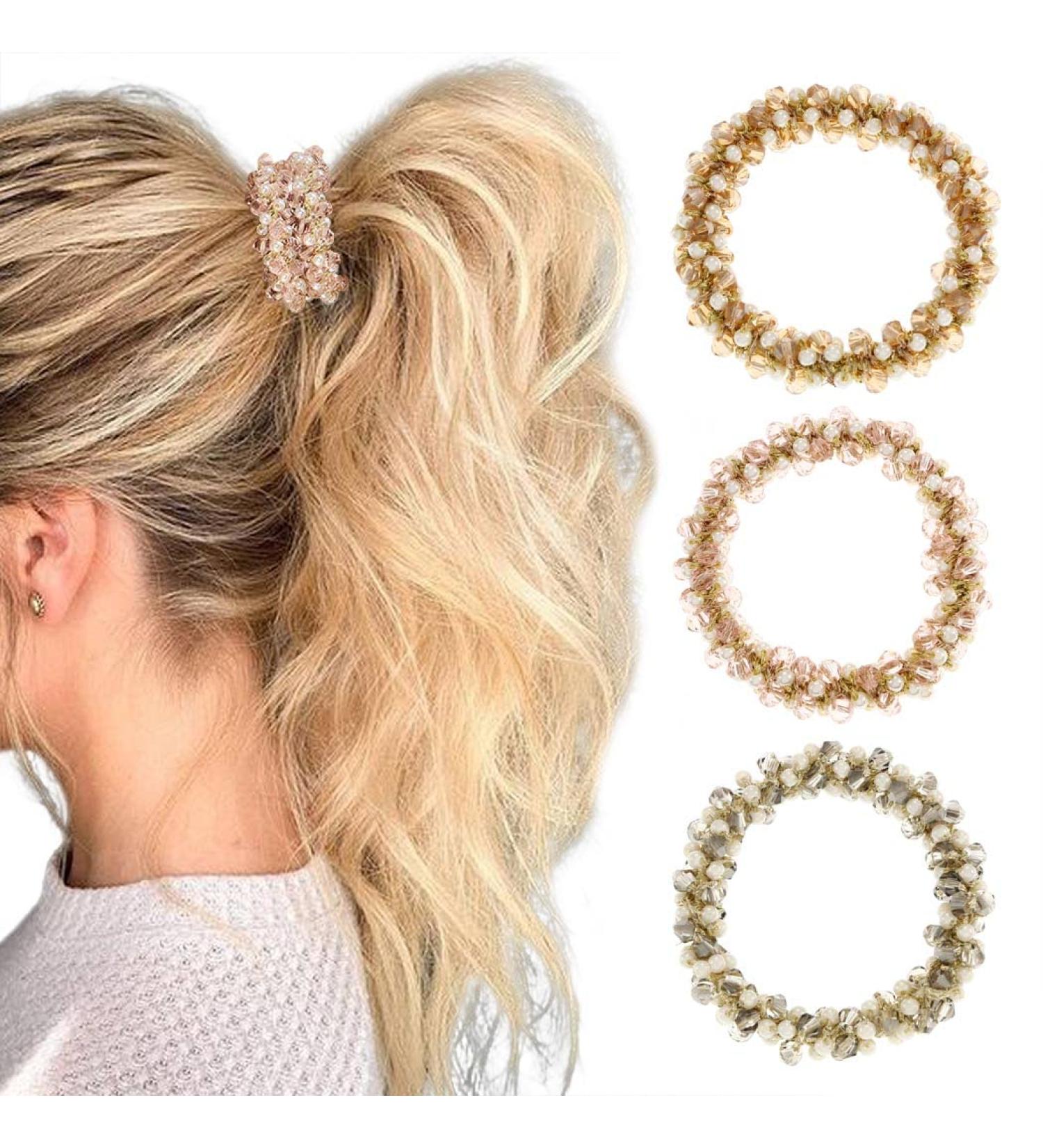 Brinie Pearl Pink Rhinestone Hair Ties - Pack of 3 | Elastic Ponytail Holder for Women and Girls | Stretchy Hair Bands and Accessories - Buy Online on GoSupps.com