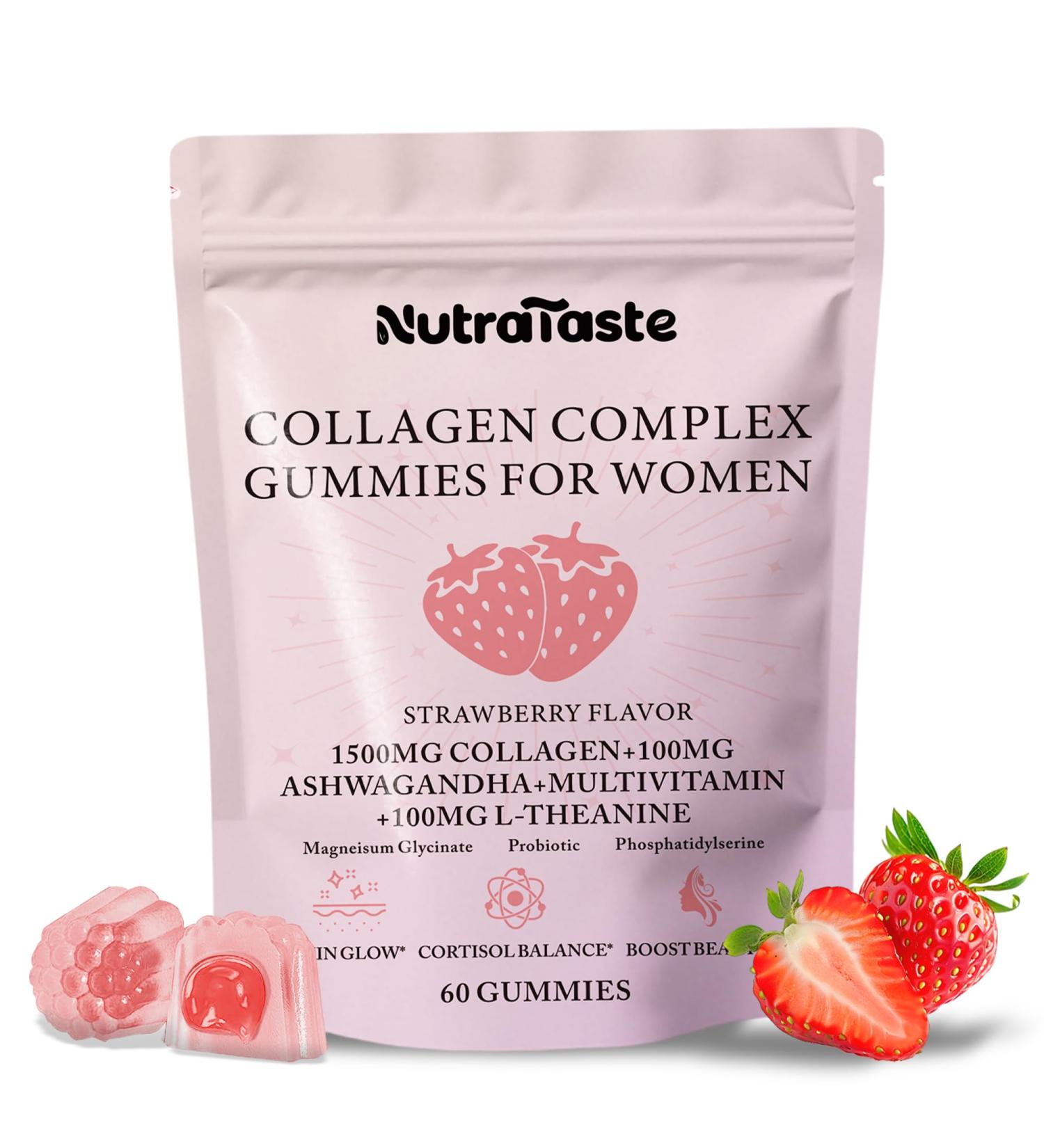 Collagen Gummies for Women | Biotin, Vitamins, Probiotics & Ashwagandha | Skin, Hair & Nails Supplement | Sugar Free, Non-GMO, Gluten Free | Strawberry Flavor - 30 servings - Buy Online on GoSupps.com